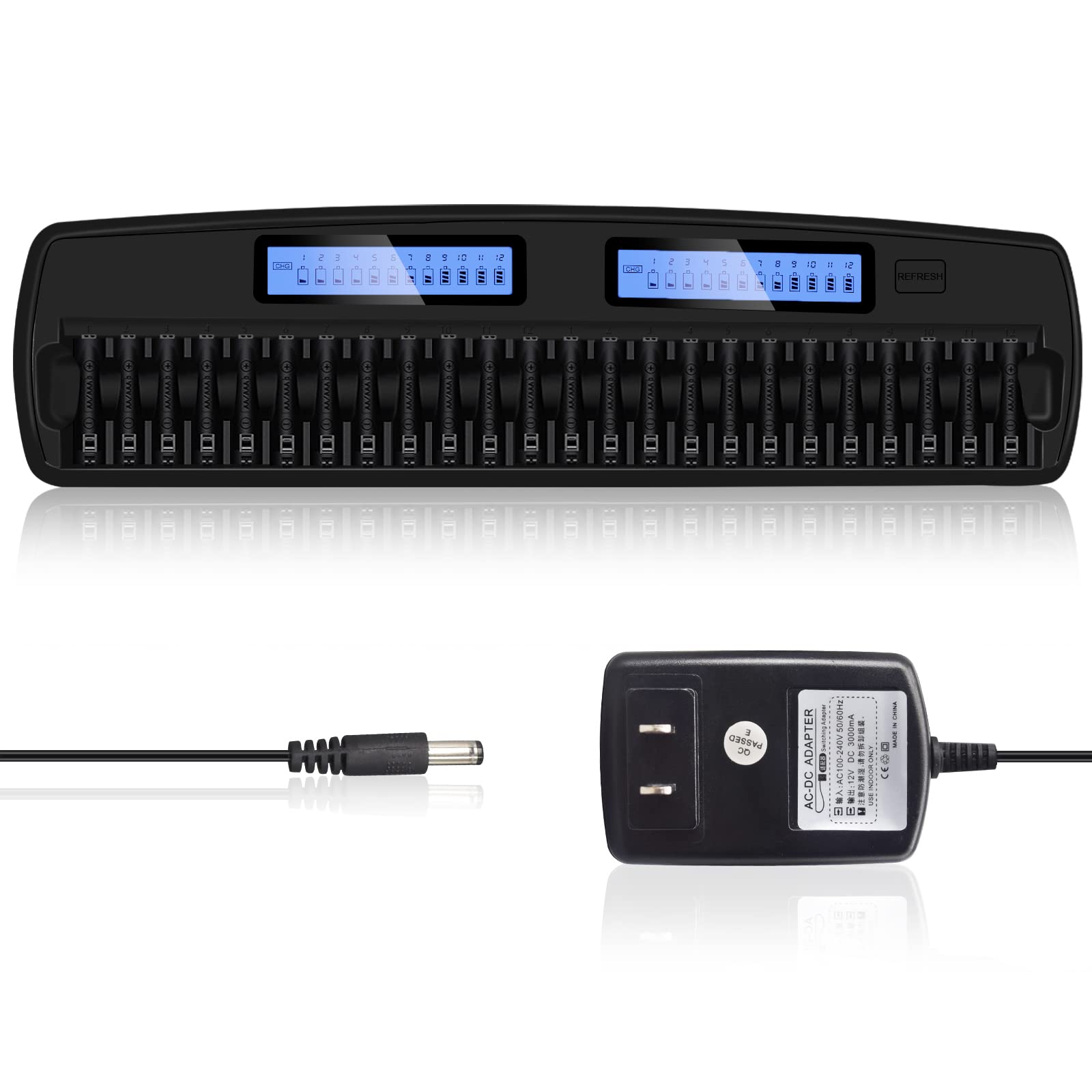 24-Slot LCD Smart Battery Charger for AA/AAA NiMH/NiCd Rechargeable Batteries - Fast Charging with AC Adapter - Perfect for Home, Office & Emergency Kits