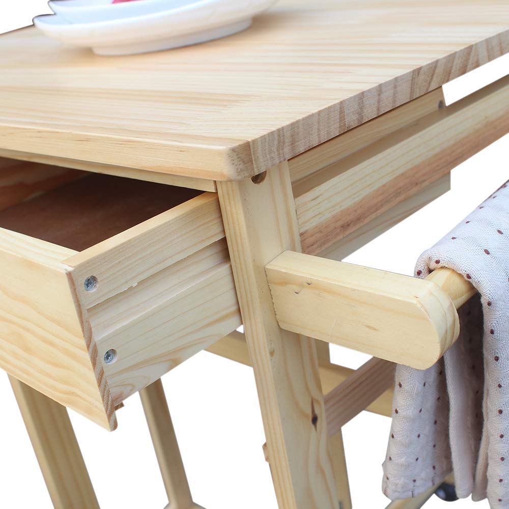 Portable Kitchen Island on Wheels with Folding Drop Leaf & 2 Drawers - Small Rolling Kitchen Table Set Includes 2 Square Stools (Natural Finish) - Perfect for Small Apartments, Breakfast Nooks & Mobile Cooking Stations