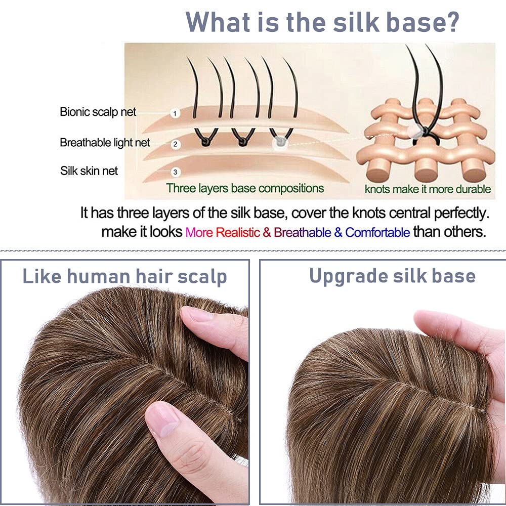SEGO Clip-in Human Hair Topper for Women - No Bangs Remy Hair Topper with Silk Base for Thinning Hair & Hair Loss - Natural Grey Hair Coverage - 4 Secure Clips - Perfect for Daily Wear, Special Occasions & Confidence Boosting