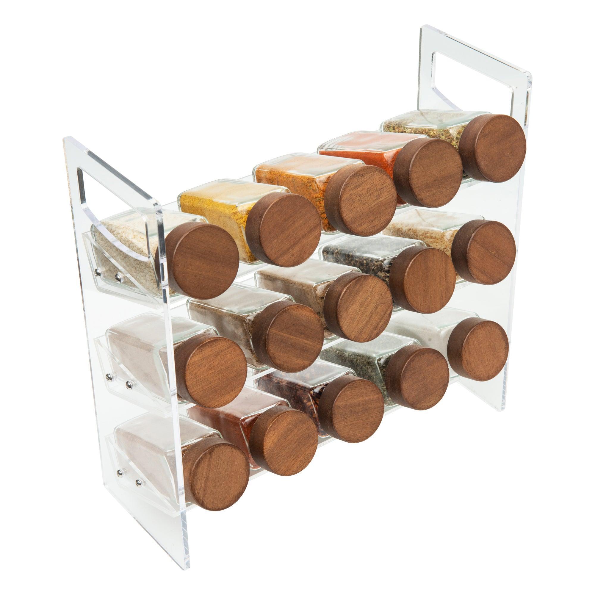3-Tier Acrylic Spice Rack Organizer with 15 Acacia Wood Spice Jars - Countertop Storage for Kitchen, Pantry, or Restaurant Use