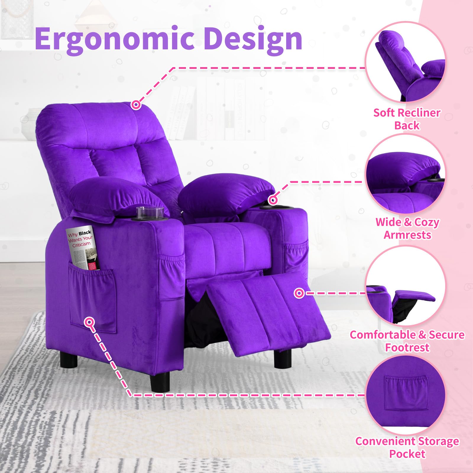 **Kids Recliner Chair with Cup Holder & Footrest - Adjustable Velvet Lounge Chair for Toddlers & Children - Ergonomic Design with Side Pockets - Soft Purple Sofa for Boys & Girls Bedroom, Playroom, or TV Room**