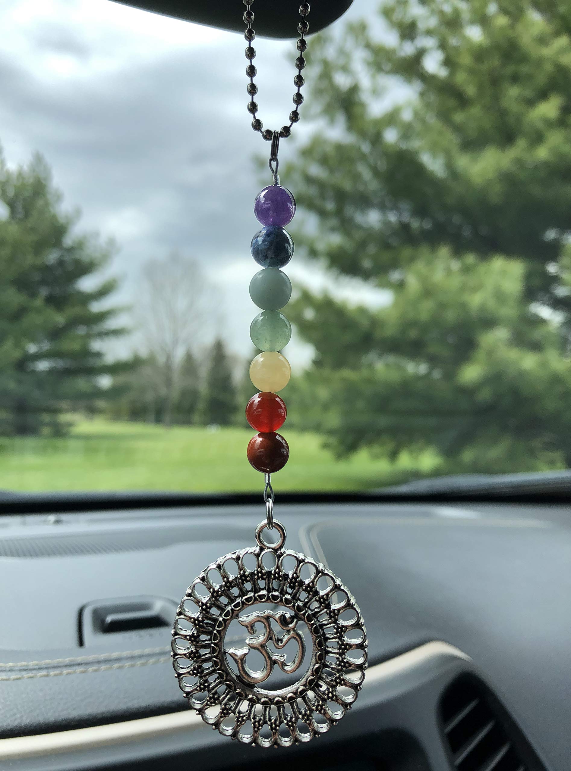 Om Aum Ohm Chakra Gemstone Beaded Car Charm Hanging Ornament - 7 Chakra Stones for Rearview Mirror, Car Interior Decor & Home Accessories | Perfect for Meditation, Spiritual Protection & Positive Energy While Driving