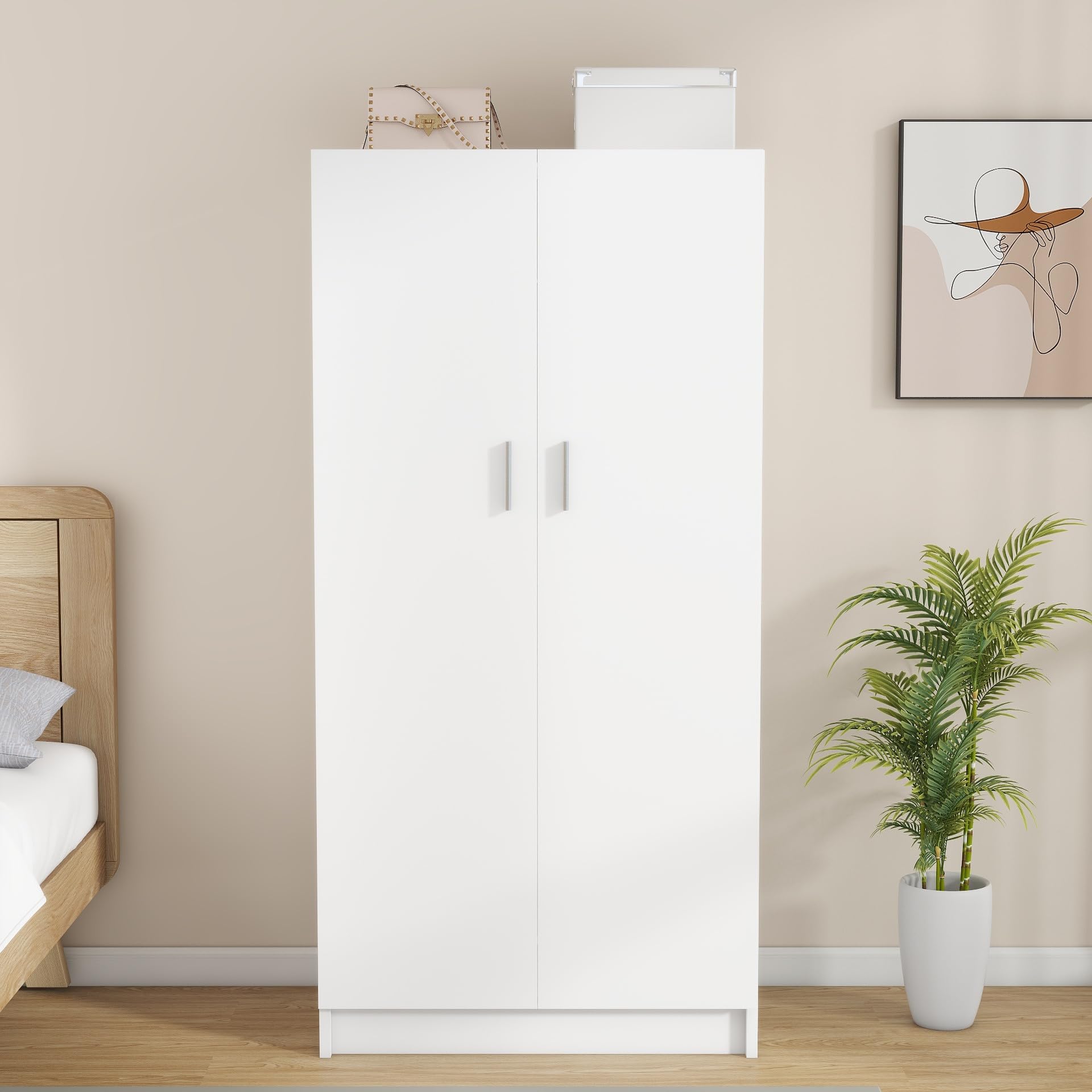 Panana 2 Door Wardrobe Closet - White Bedroom Storage Cabinet with Shelves & Hanging Rod - Perfect for Bedroom, Guest Room, Apartment & Dorm Organization