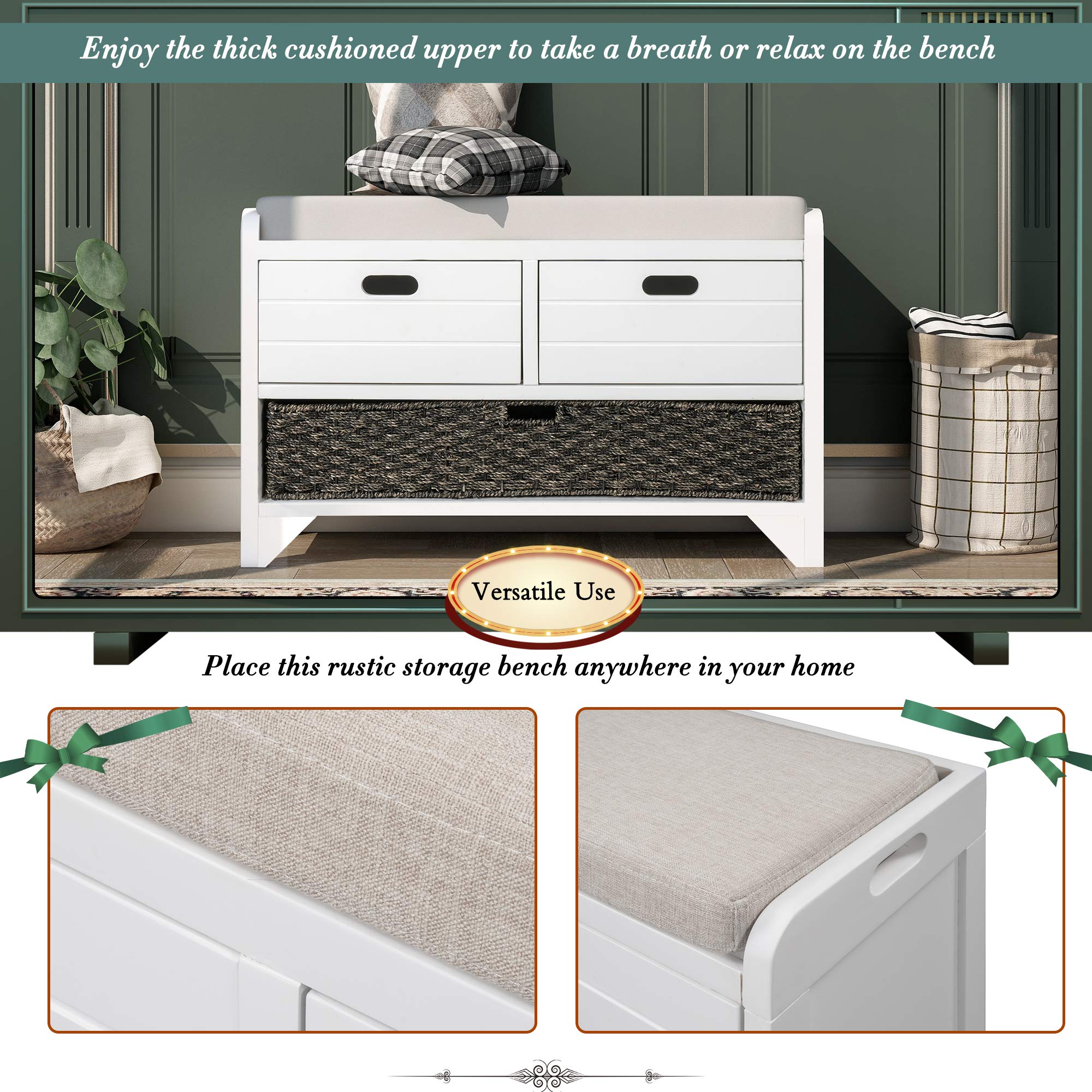 SOFTSEA Entryway Storage Bench with Removable Basket & 2 Drawers - Shoe Bench with Seat Cushion for Hallway, Living Room - White (Fully Assembled) - Perfect for Small Spaces, Entry Organization & Shoe Storage