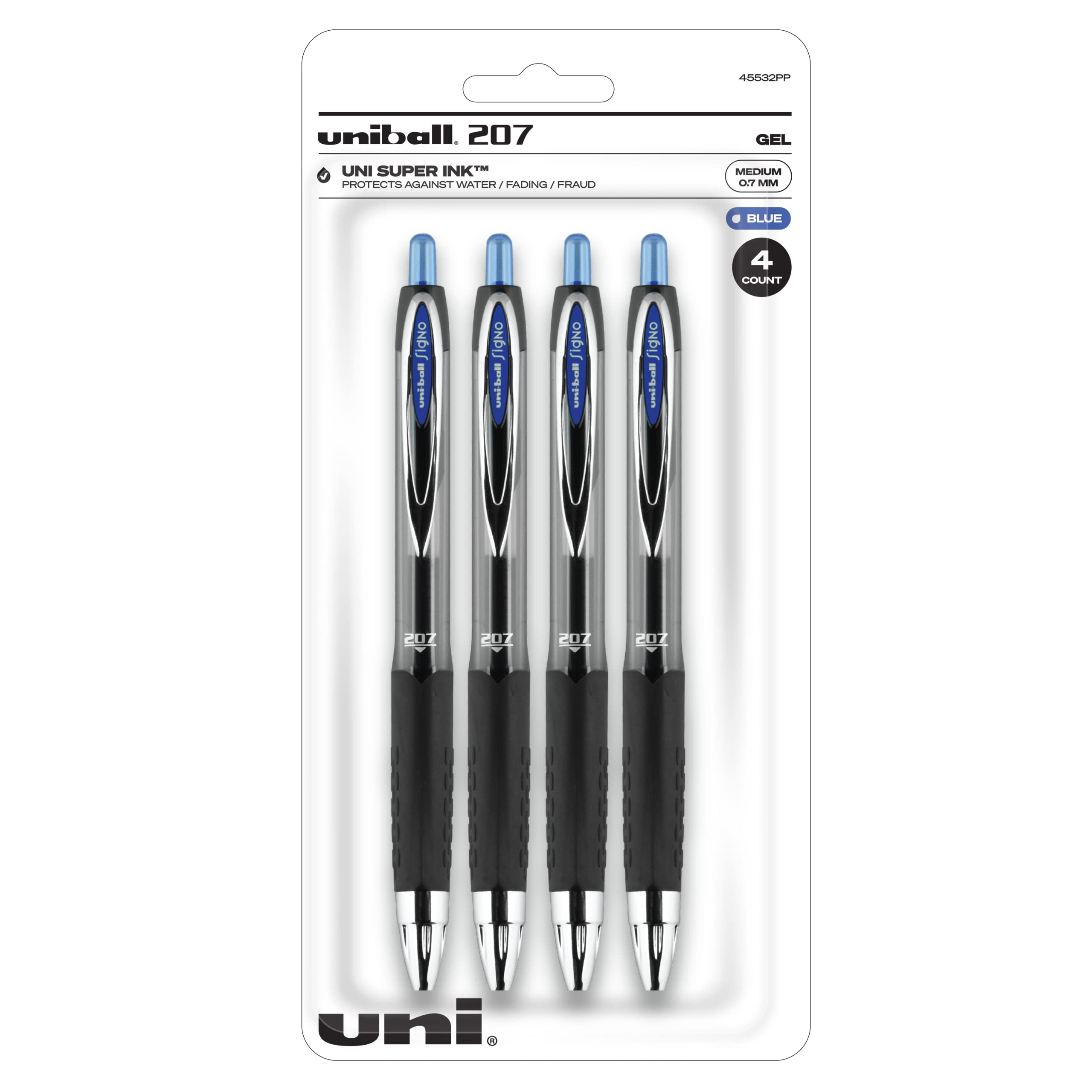 Blue Retractable Gel Pens 4 Pack - Medium Point Uni-Ball 207 Signo Click Pens | Fraud Proof, Smooth Writing | Perfect for Office, Nursing, Business, School & Bible Study | Ideal for Note Taking, Document Signing & Everyday Use