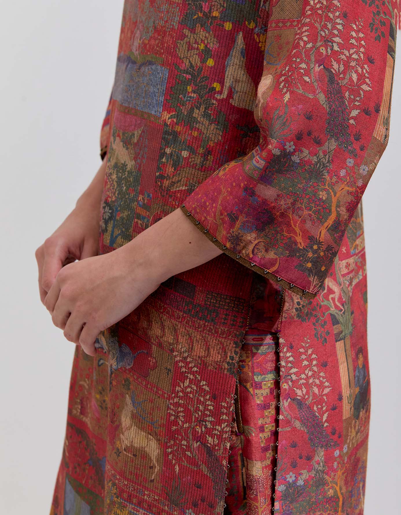 Elegant Damini Kurta in Muga Satin Crimson - Traditional Indian Women's Dress for Festivals & Special Occasions