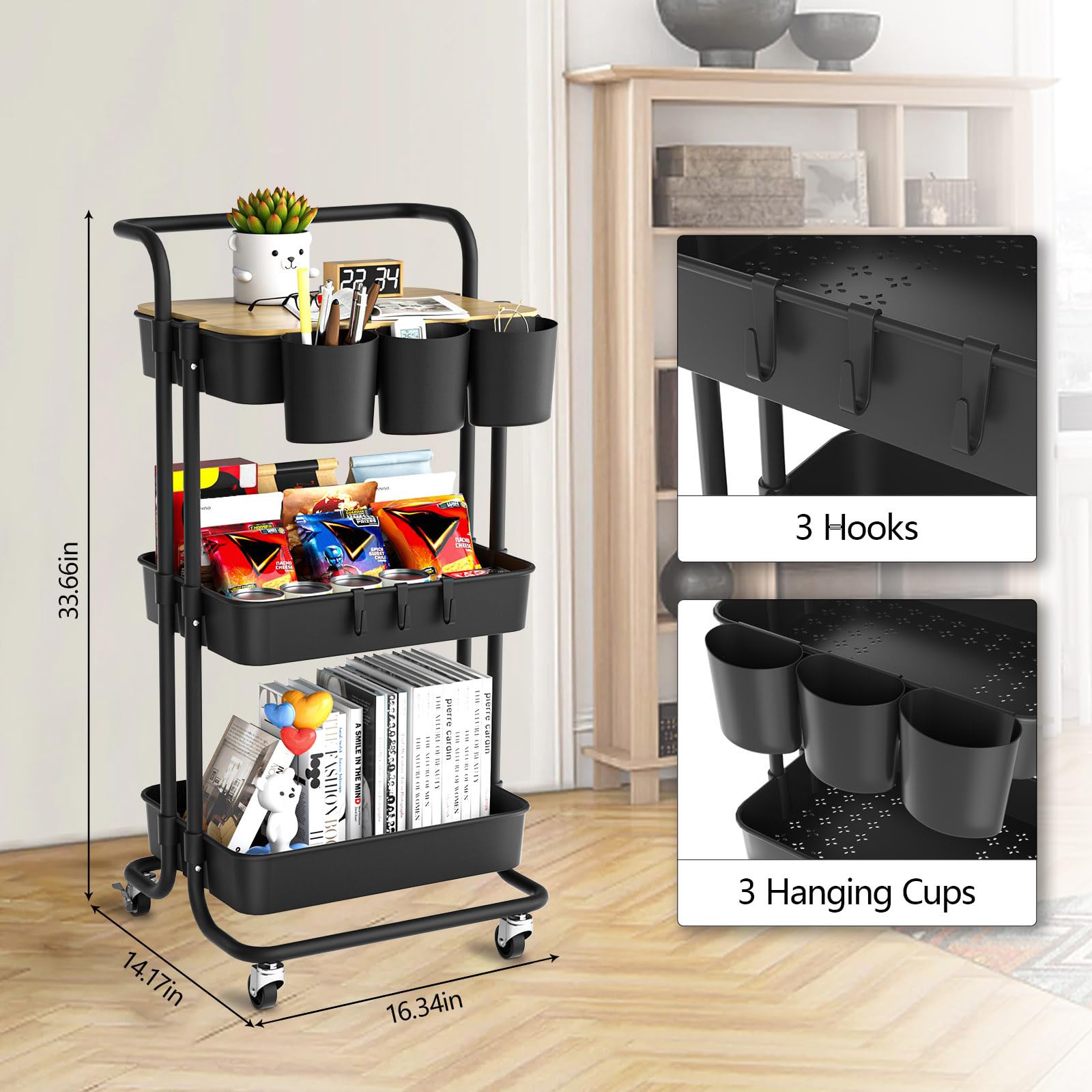 3 Tier Rolling Utility Cart with Lockable Wheels, Metal Handle & Plastic Storage Baskets - Perfect for Kitchen, Bathroom, Office & Classroom Organization - Black