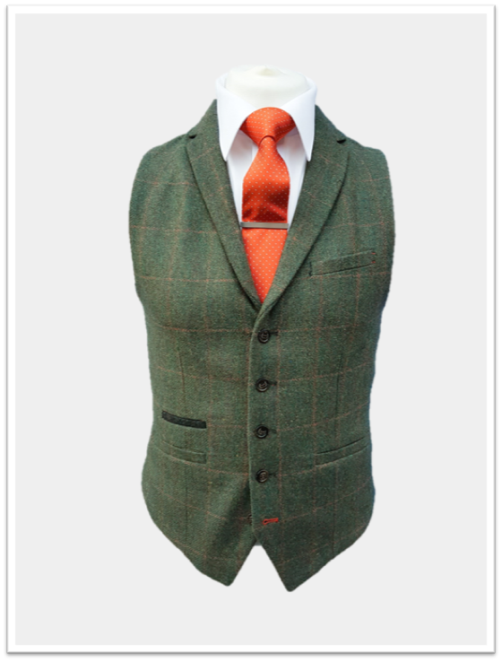 Cavani Kemson Men's Slim Fit Tweed Waistcoat Vest for Formal Wear & Business Attire - Olive Green Stylish Office Outfit