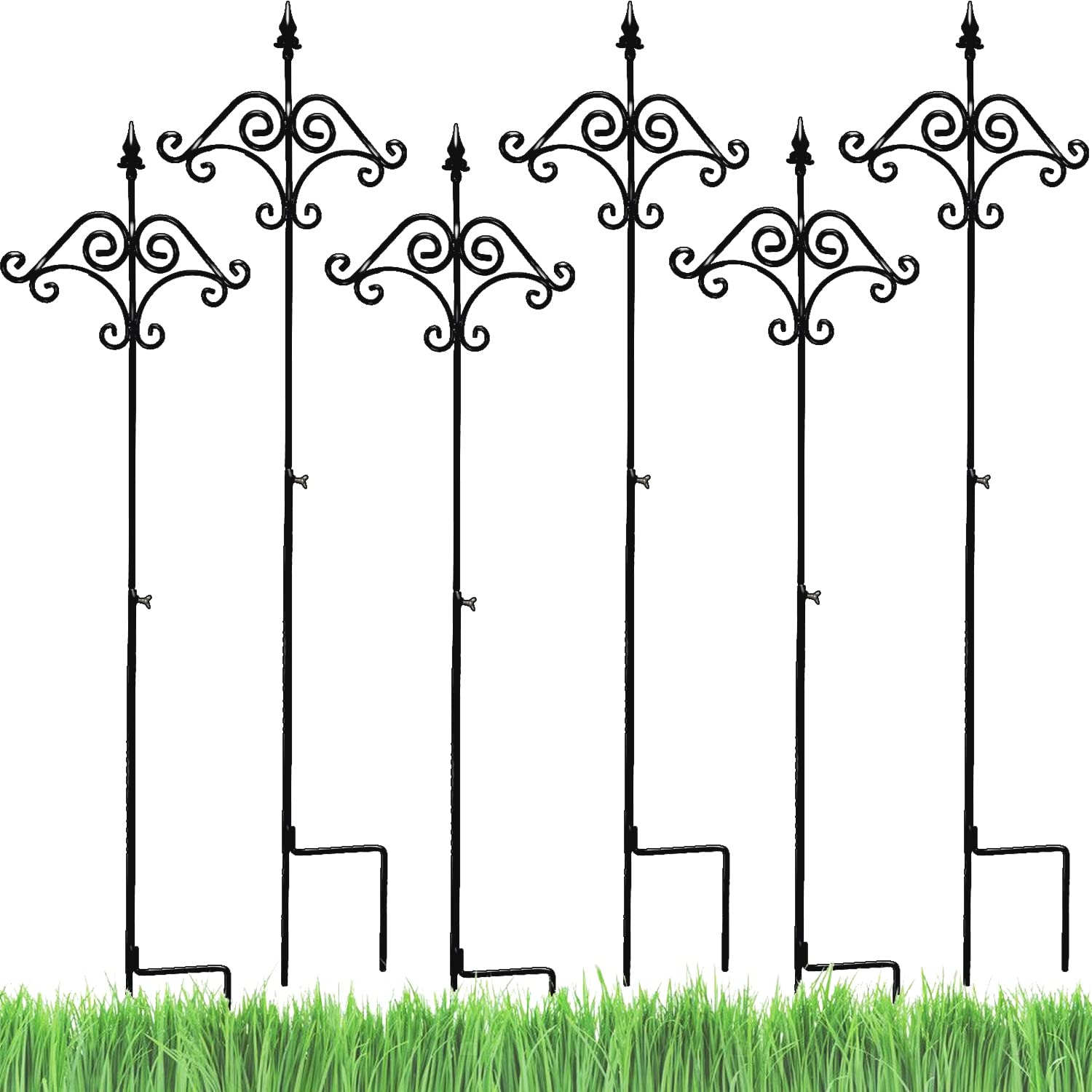 Ashman 91 Inch Adjustable Shepherds Hook (6 Pack) - Heavy Duty 5/8 Inch Thick Steel with Floral Design - Rust Resistant Hanging Hooks for Plant Baskets, Bird Feeders - Perfect for Garden, Patio & Outdoor Decor