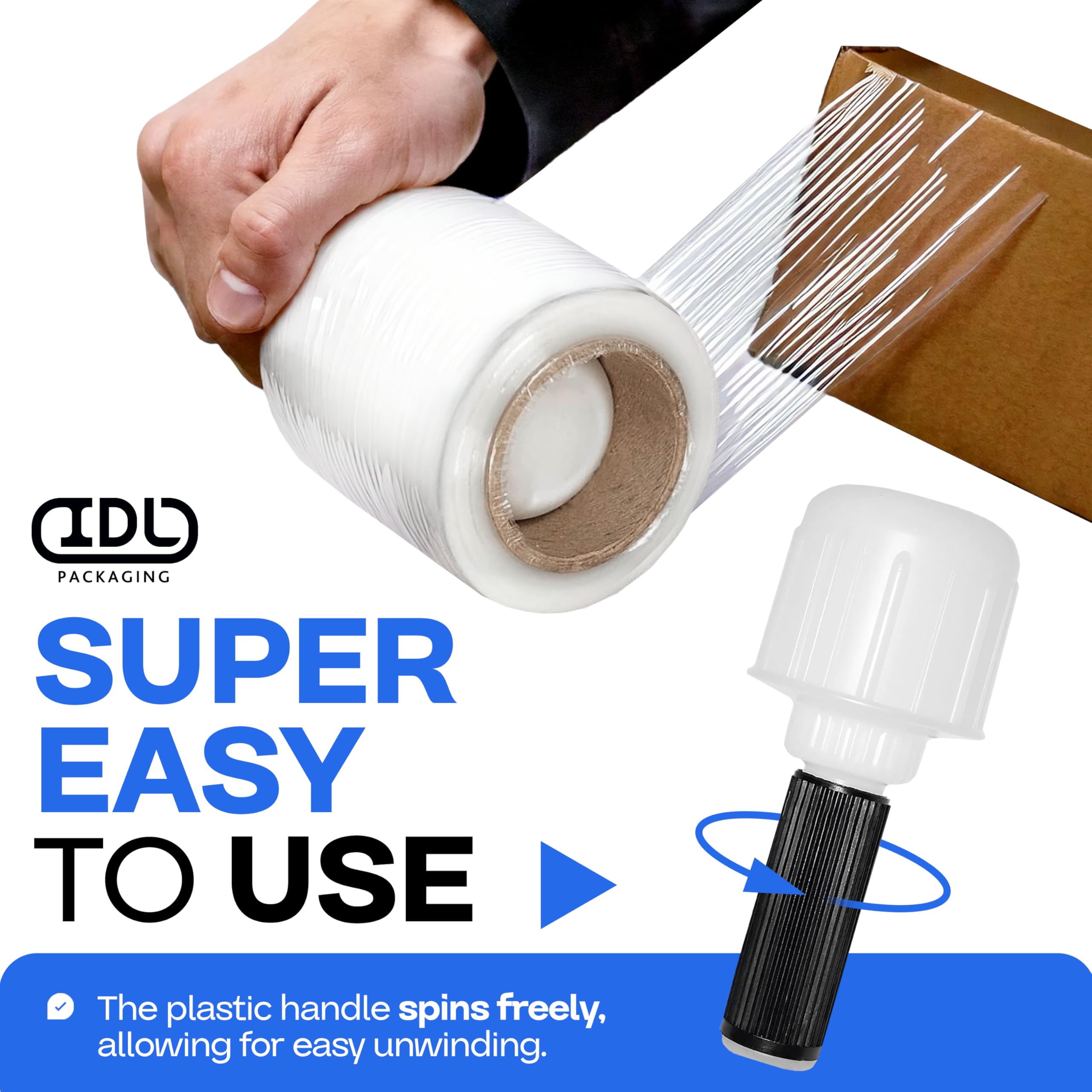 IDL Packaging 3 Inch Stretch Wrap Mini Roll - 700 Feet, 120 Gauge (12 Pack) with Plastic Handle - Industrial Grade Clear Plastic Wrap for Secure Packing, Moving, Shipping & Office Use - Heavy Duty Protection for Boxes, Pallets & Storage