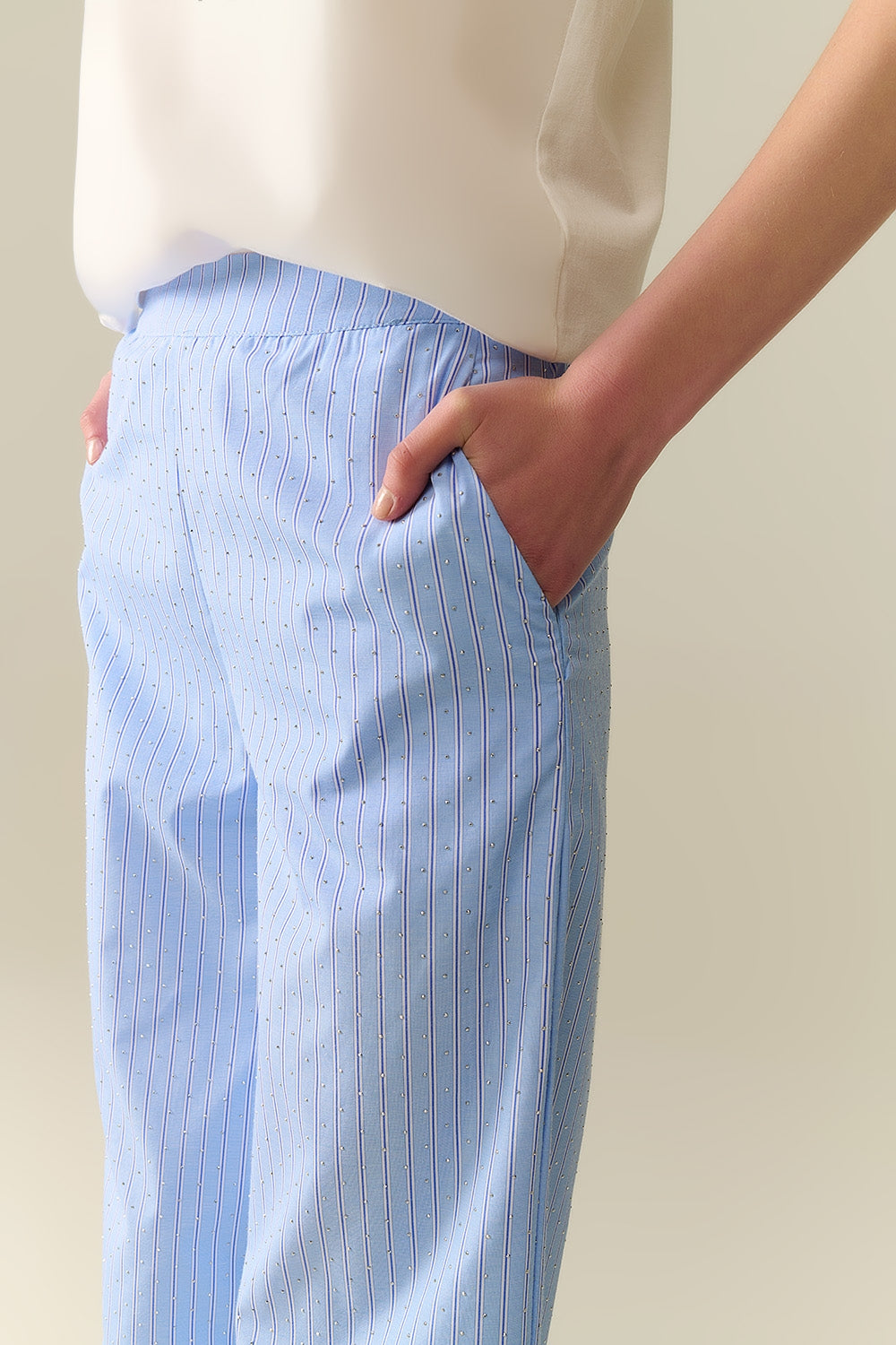 Blue Striped Wide-Leg Pants with Rhinestone Embellishments - Elegant Casual Wear for Women, Perfect for Parties, Dates & Office Outfits