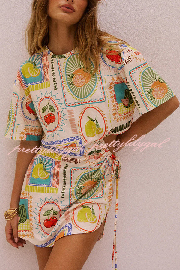 Summer Fruit Print Short Sleeve Off-Shoulder Tie Waist Mini Dress - Floral Summer Dress for Beach Vacation, Party & Date Night