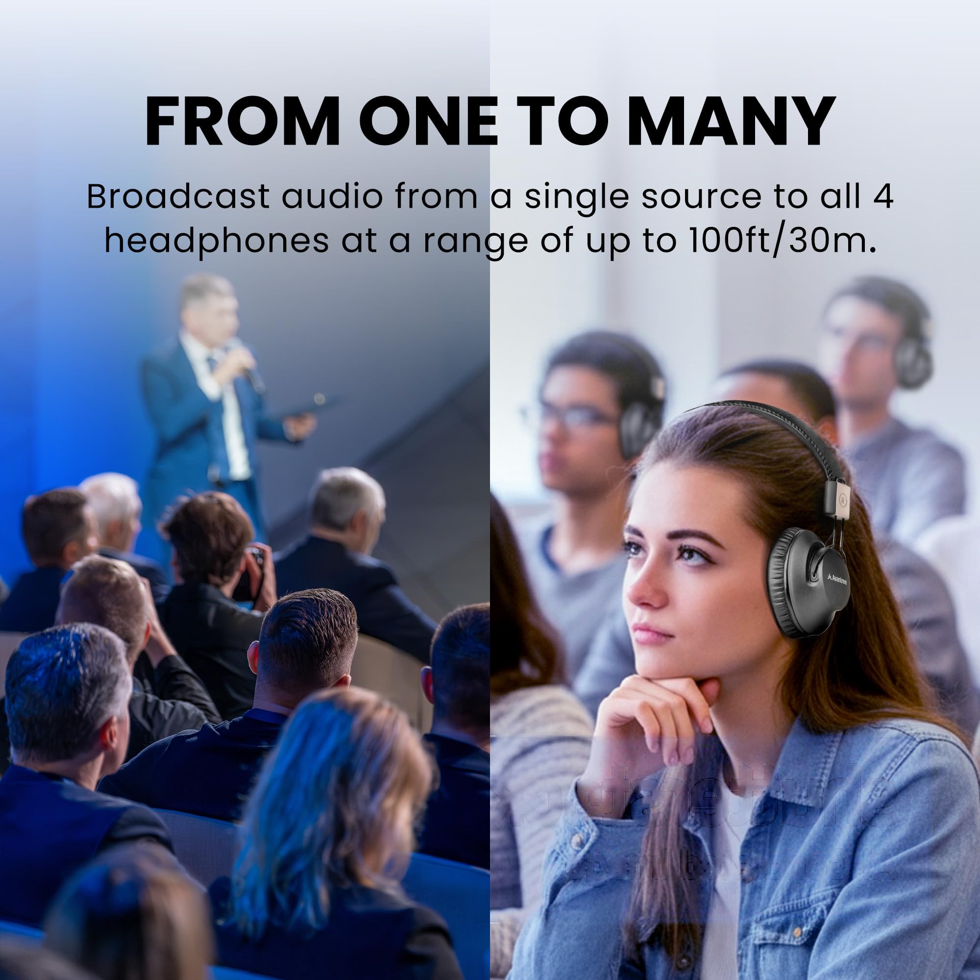 Avantree Quartet 2 - Wireless Bluetooth Headphones & Transmitter Set for Group Listening - 4 Rechargeable Low Latency Headphones with HD Sound - Perfect for Parties, Silent Discos, Church, TV Watching, and Home Entertainment