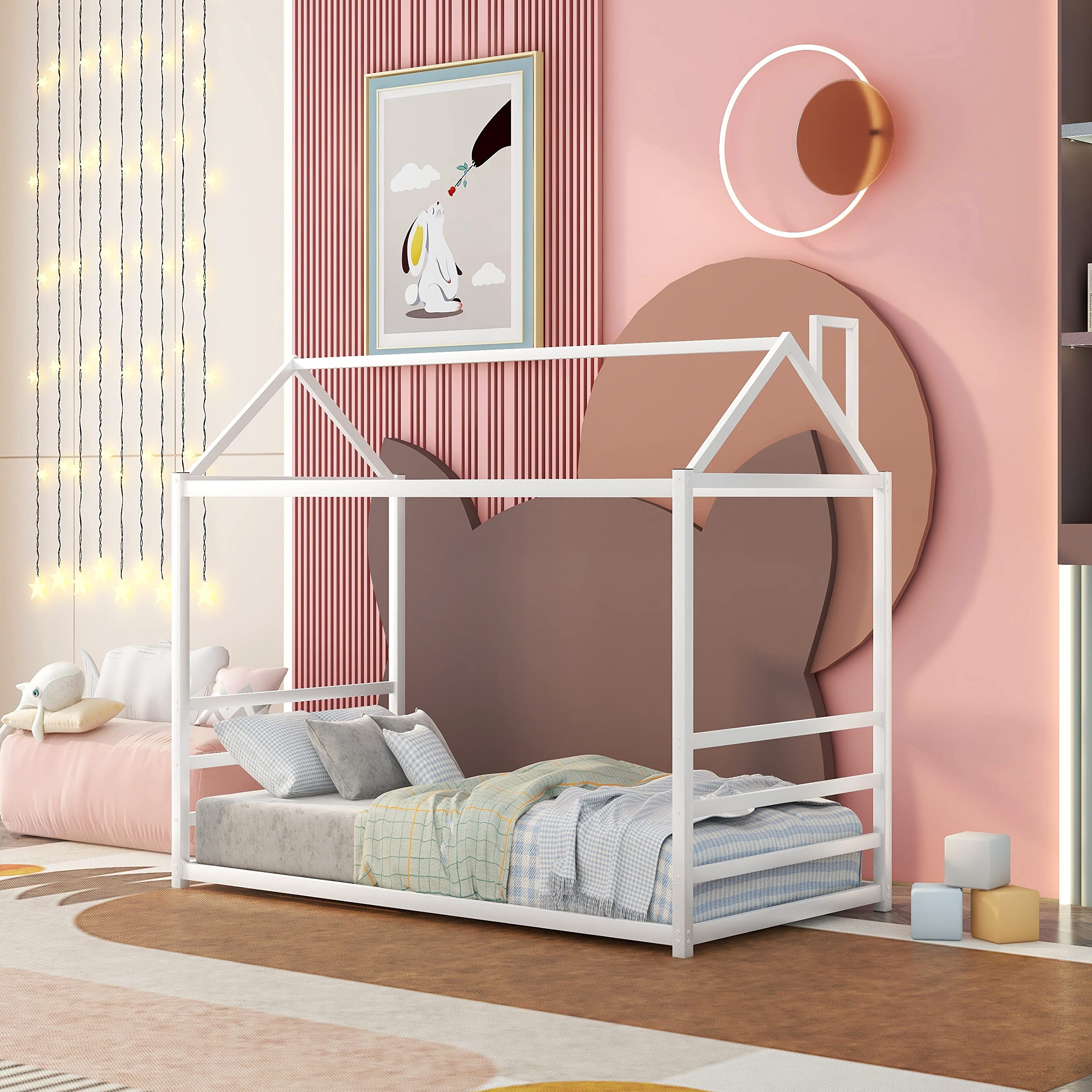 Montessori Floor Bed for Kids - Twin Size Metal House Bed Frame with Roof - Safe & Sturdy Toddler Bed for Boys & Girls - White - Perfect for Montessori Bedrooms, Playrooms & Kids' Sleepovers