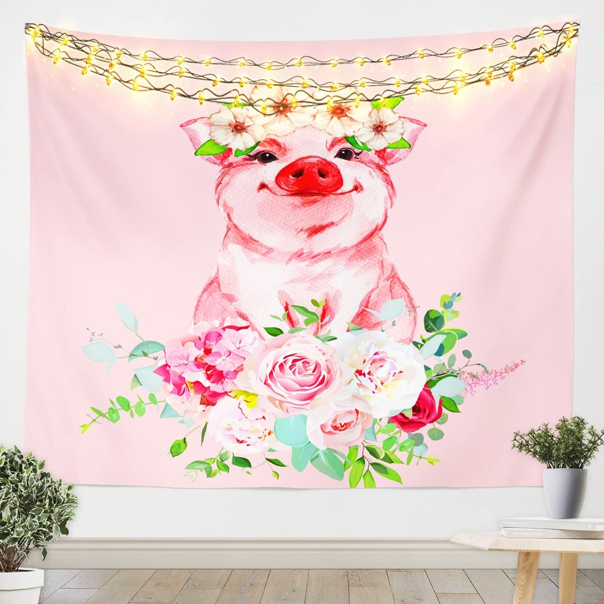 Adorable Pink Pig Wall Hanging with Flowers & Leaves - Kids Room Decor for Boys & Girls, Rustic Cartoon Animal Tapestry (70.9