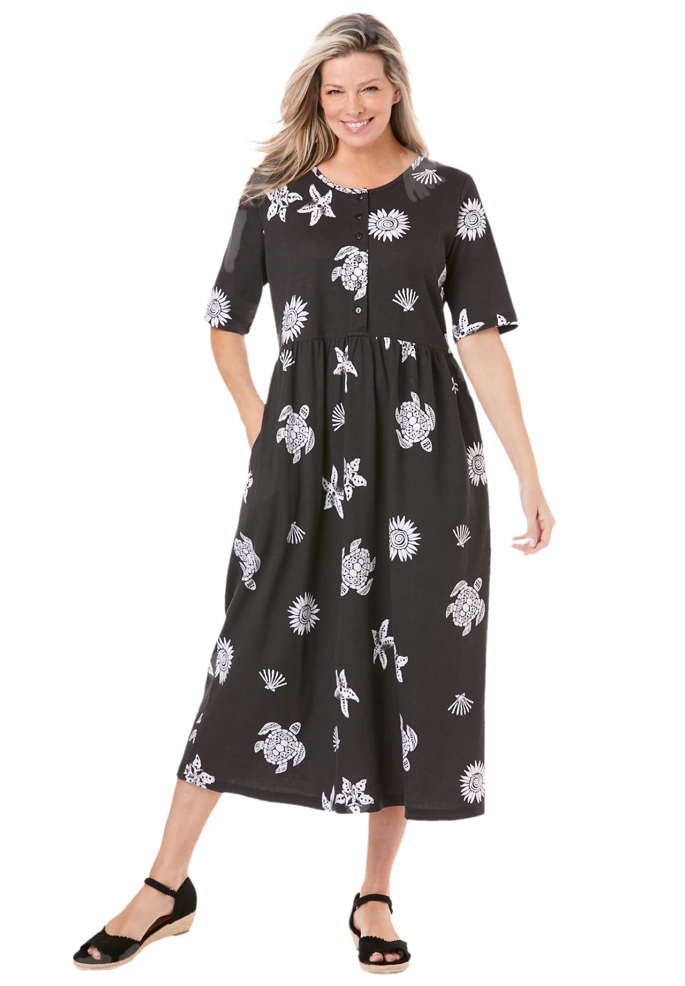 Woman Within Women's Plus Size Floral Stamped Empire Waist Dress - Comfortable & Stylish for Casual Wear, Office & Special Occasions