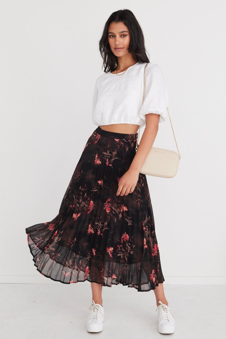 Elegant Black Orchid Chiffon Pleated Midi Skirt for Women | Flowy A-Line Summer Skirt | Perfect for Parties, Weddings & Office Wear