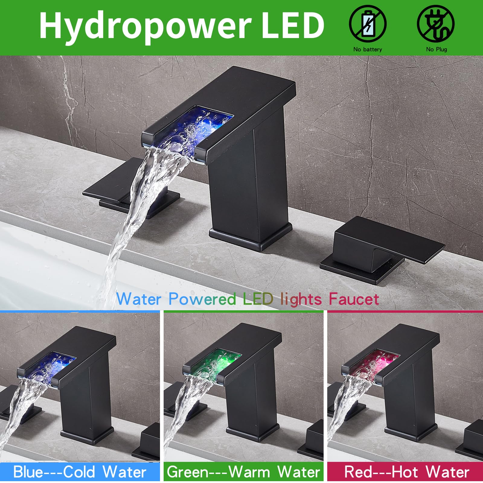 Black 3-Hole Waterfall Bathroom Faucet with LED Light - Perfect for RV & Vanity Sinks