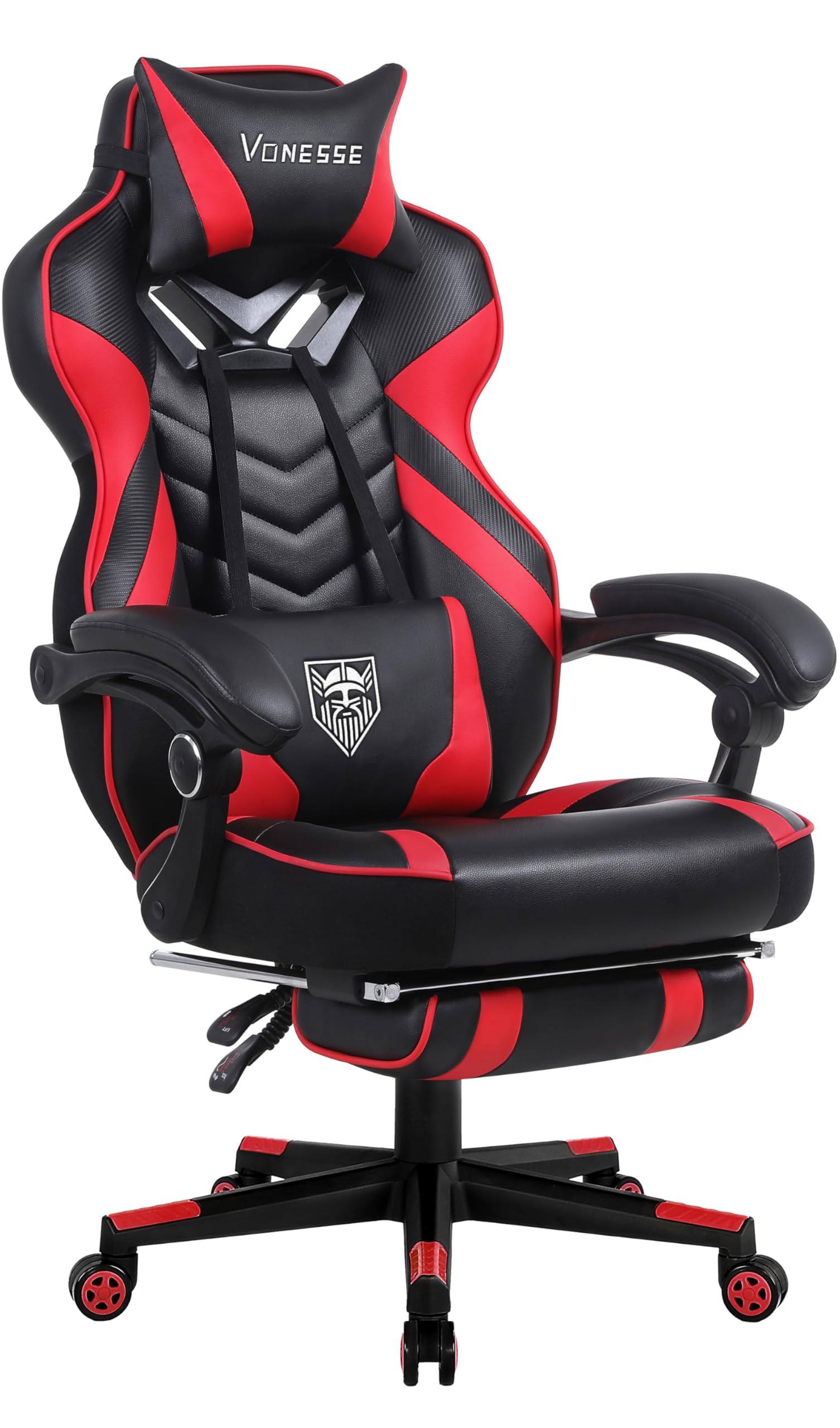 Vonesse Ergonomic Gaming Chair for Adults - High Back Computer Chair with Adjustable Lumbar Support, Footrest & Massage - Big and Tall Reclining Gamer Chair (Red/Black) - Perfect for PC Gaming, Office Work & Home Entertainment