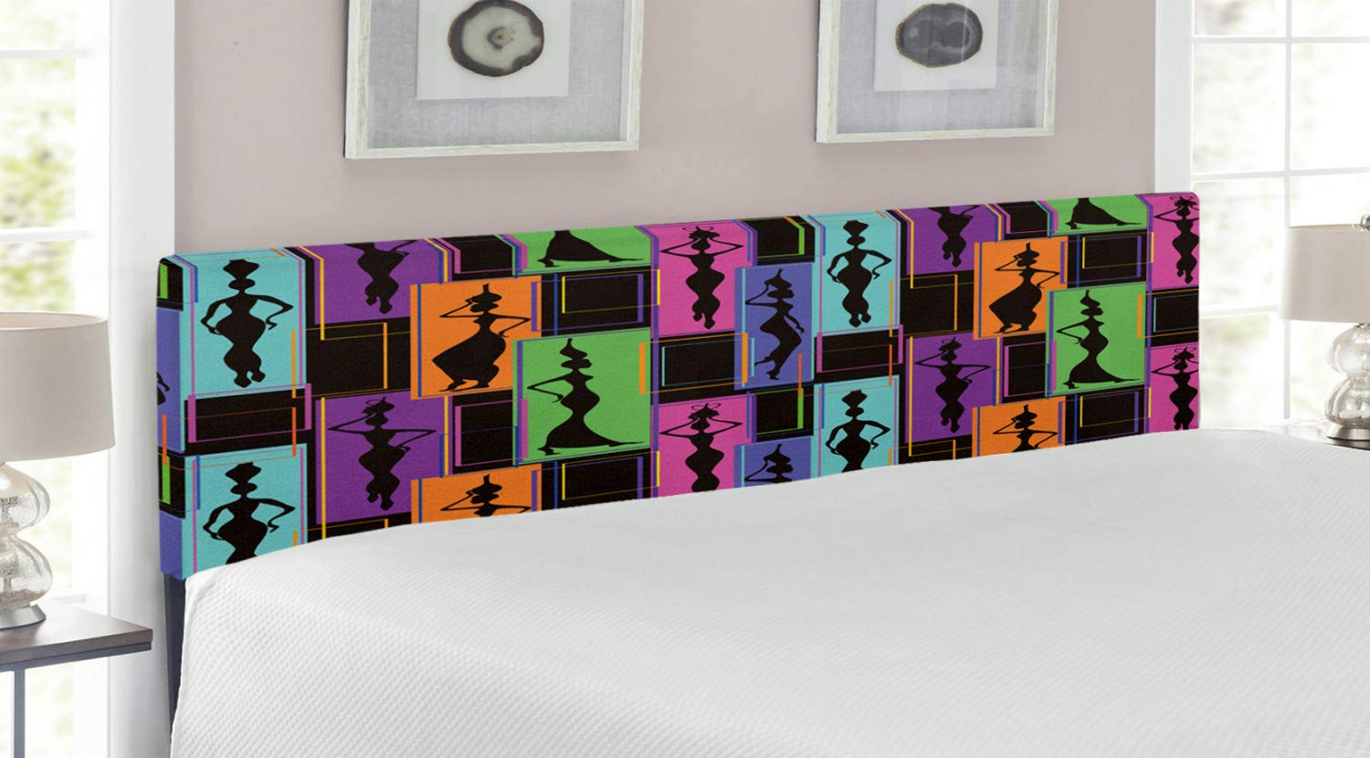 Ambesonne African King Size Headboard - Colorful Abstract Geometric Design with Women Carrying Vases, Upholstered Metal Frame with Memory Foam - Perfect for Bedroom Decor & Boho Chic Home Styling