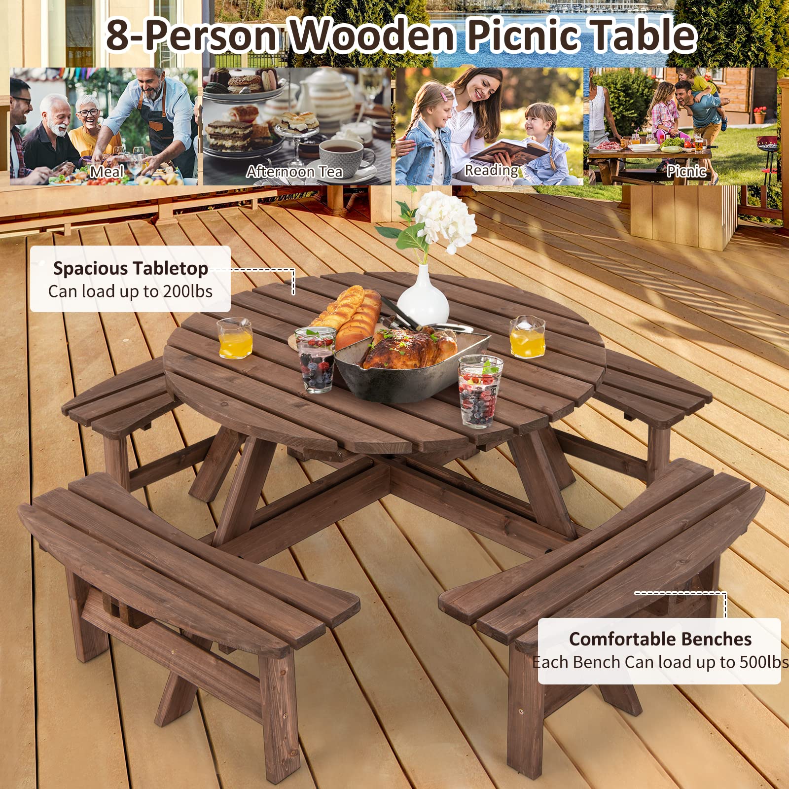 Tangkula 8-Person Round Wooden Picnic Table with 4 Built-in Benches & Umbrella Hole - 500lbs Capacity Per Bench - Outdoor Dining Set for Garden, Backyard, Patio, Camping & Picnic Areas