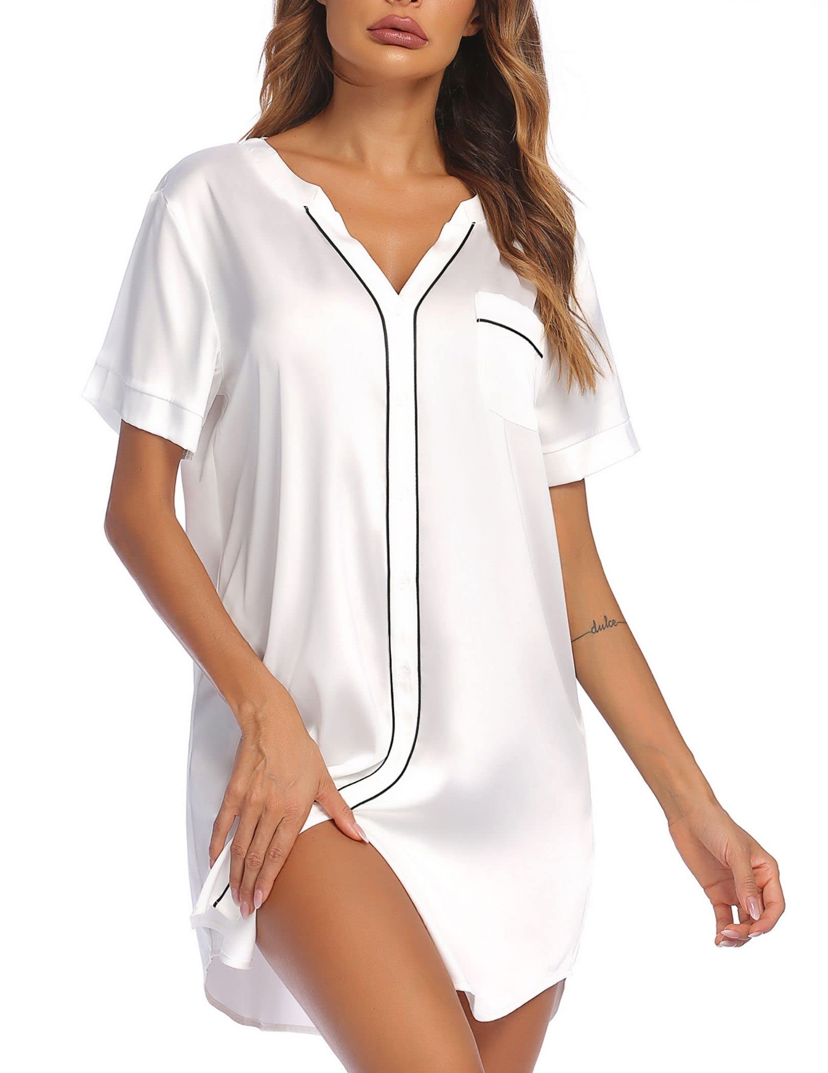 Ekouaer Women's Silk Satin Nightgown - Sexy V-Neck Button Down Sleep Dress with Short Sleeves | Soft & Comfortable Sleepwear for Lounge, Vacation & Romantic Nights