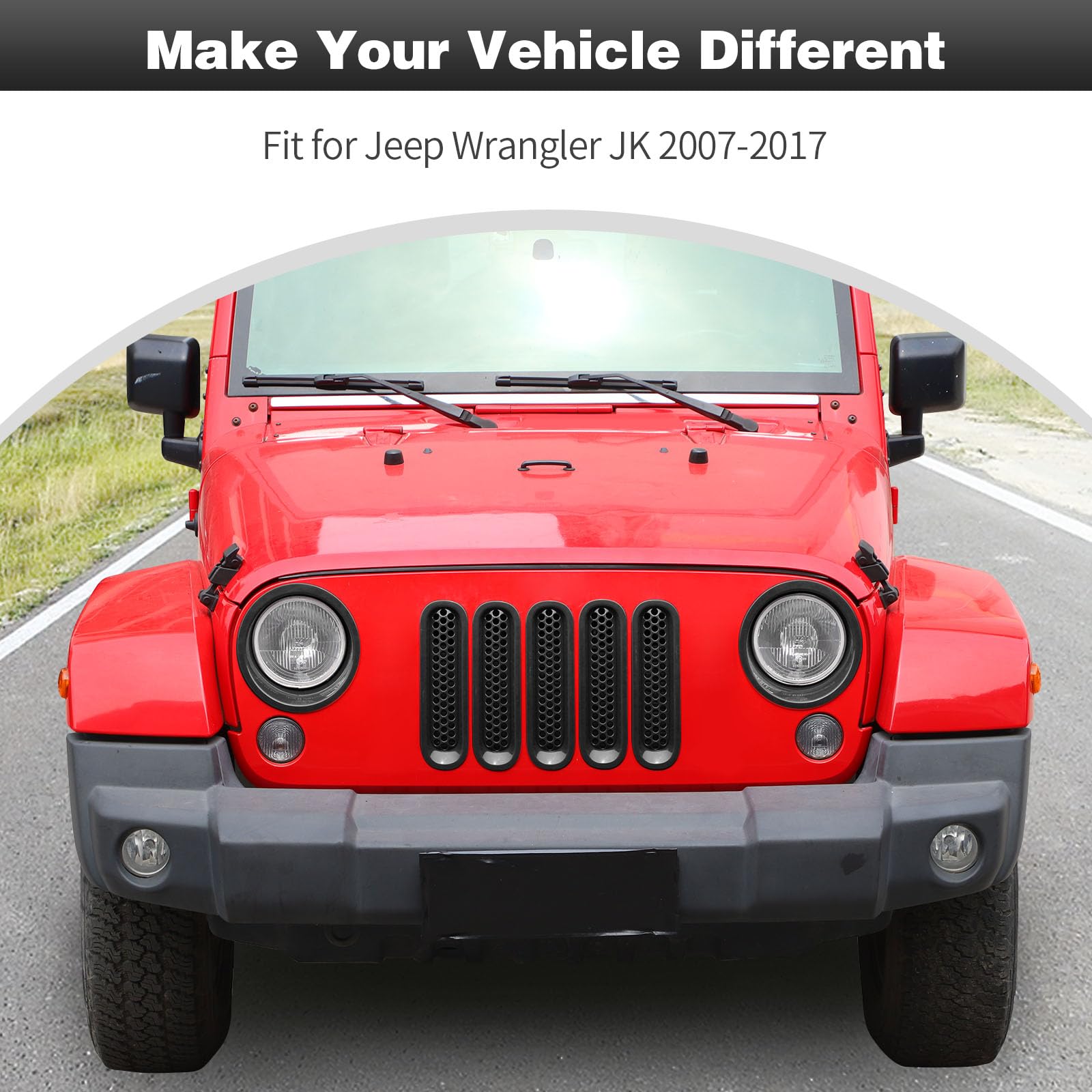 CheroCar Black Mesh Grille Insert & Headlight Cover Trim for Jeep Wrangler JK 2007-2017 - Durable Exterior Accessories for Off-Road & Daily Driving