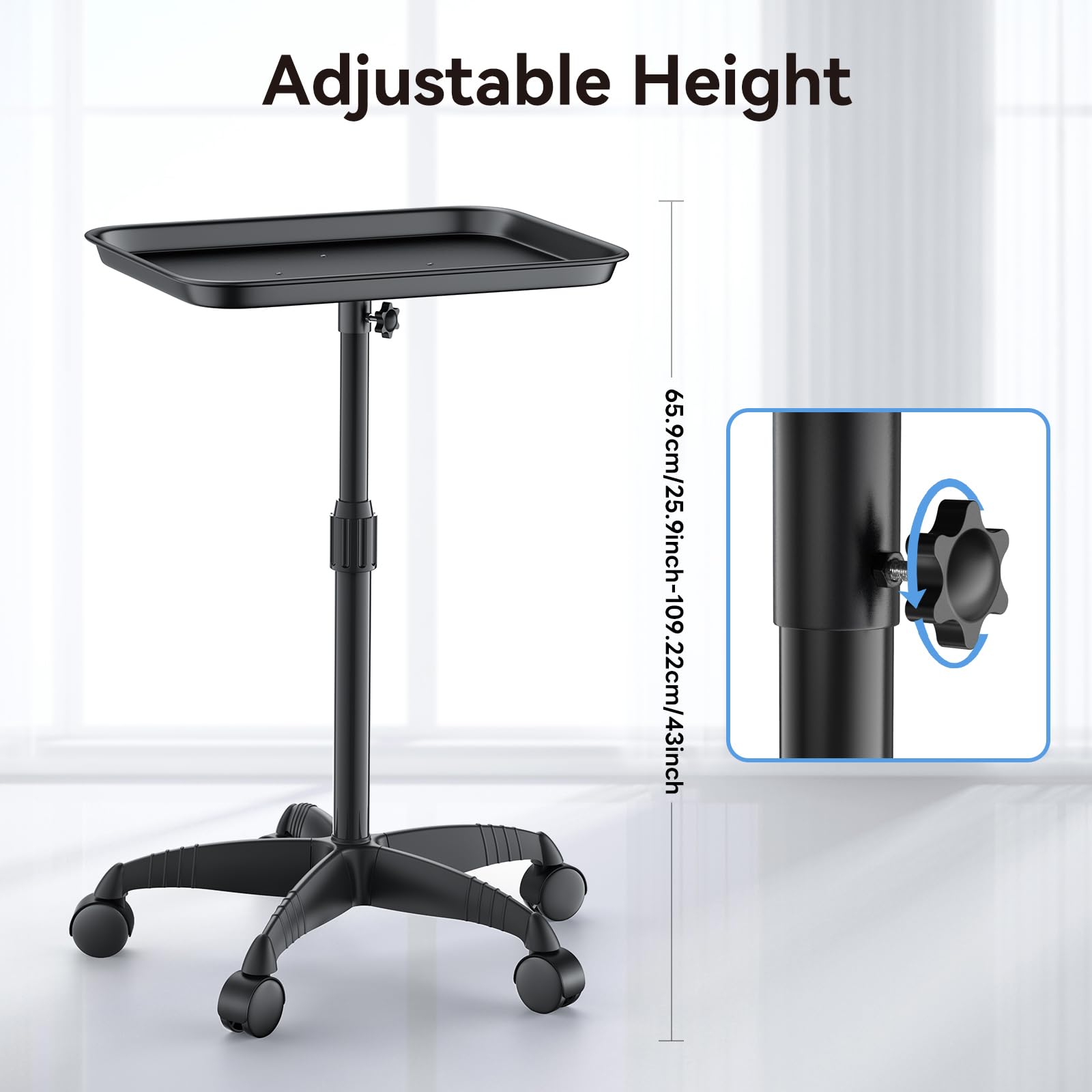 Premium Aluminum Salon Tray Cart with Wheels - Adjustable Height Tattoo & Spa Trolley for Clinics, Salons & Tattoo Studios - 43 Inch Mobile Storage Organizer for Tools, Supplies & Equipment