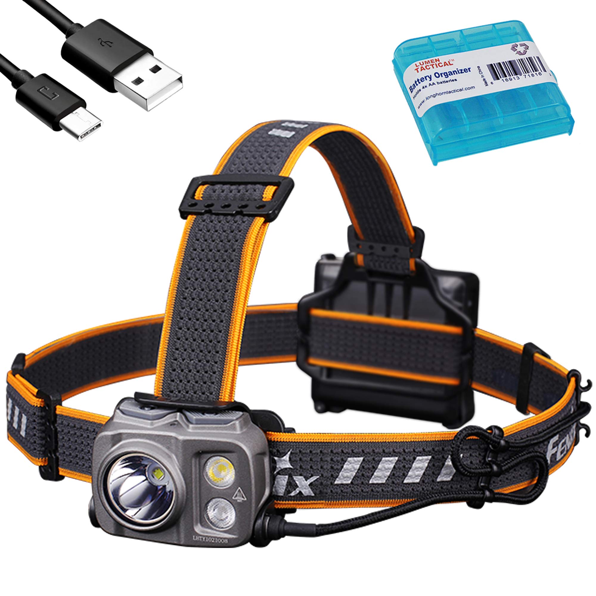 Fenix HP16R Rechargeable Headlamp - 1250 Lumens Spotlight & 400 Lumens Floodlight with Red Light - Includes Lumentac AA Organizer - Perfect for Camping, Hiking, and Outdoor Adventures