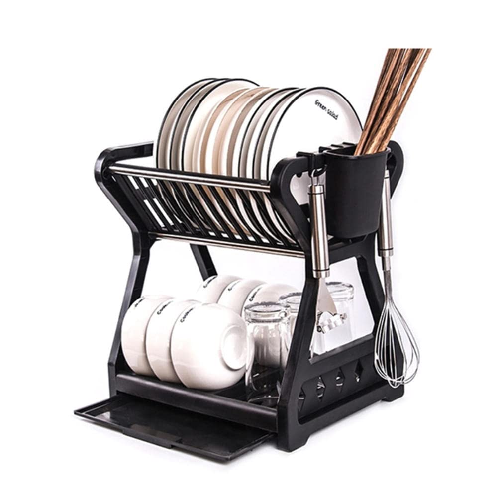 Double-Layer Dish Drain Rack with Chopstick Holder - Space-Saving Kitchen Organizer for Cups, Plates & Utensils - Perfect for Countertop Drying and Storage in Small Kitchens