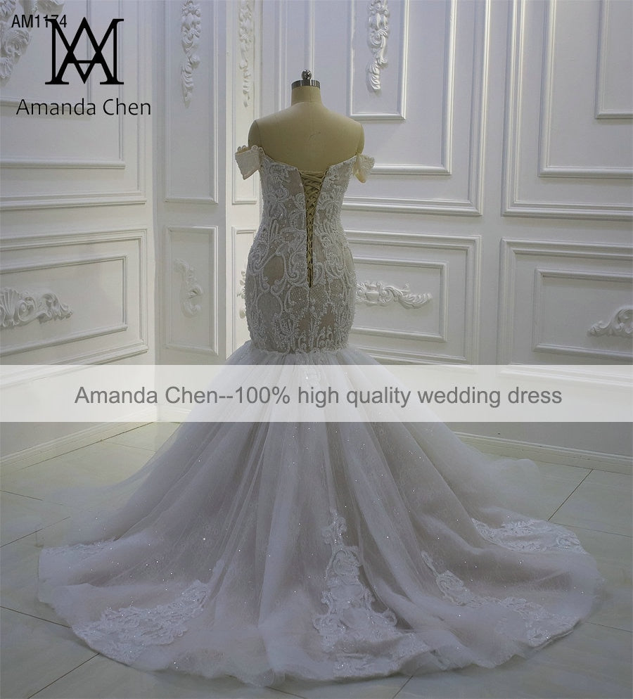 Elegant Off Shoulder Champagne Mermaid Wedding Dress AM1174 – Perfect for Beach, Church, and Formal Bridal Ceremonies