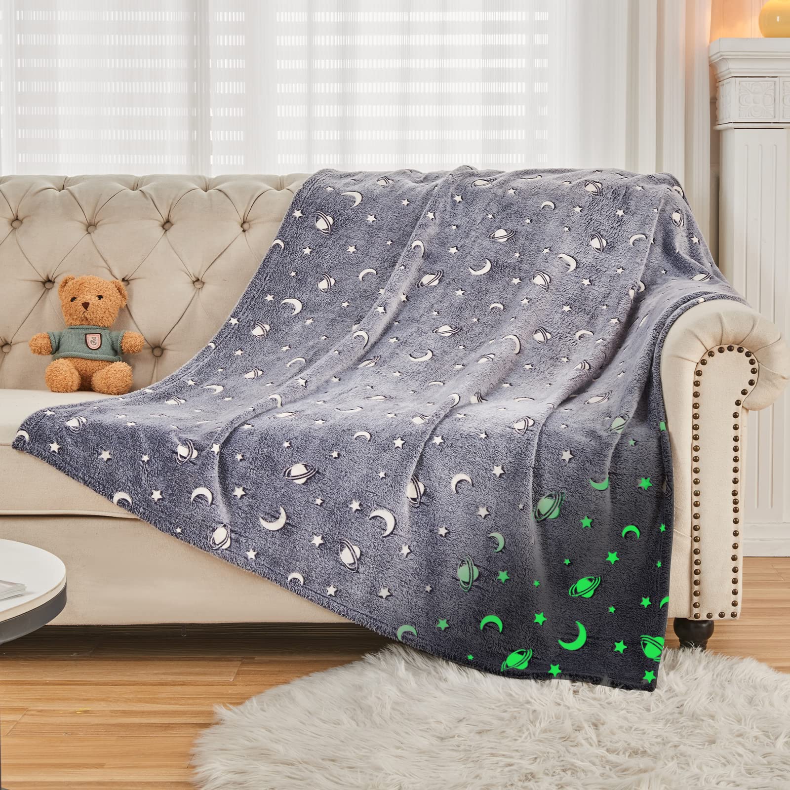 SOCHOW Glow in The Dark Throw Blanket 40 x 50 Inches - Galaxy Stars Pattern Soft Cozy Flannel Fleece Blanket for Boys & Girls | All-Season Grey Blanket Gift for Kids | Perfect for Bedroom, Camping & Movie Nights