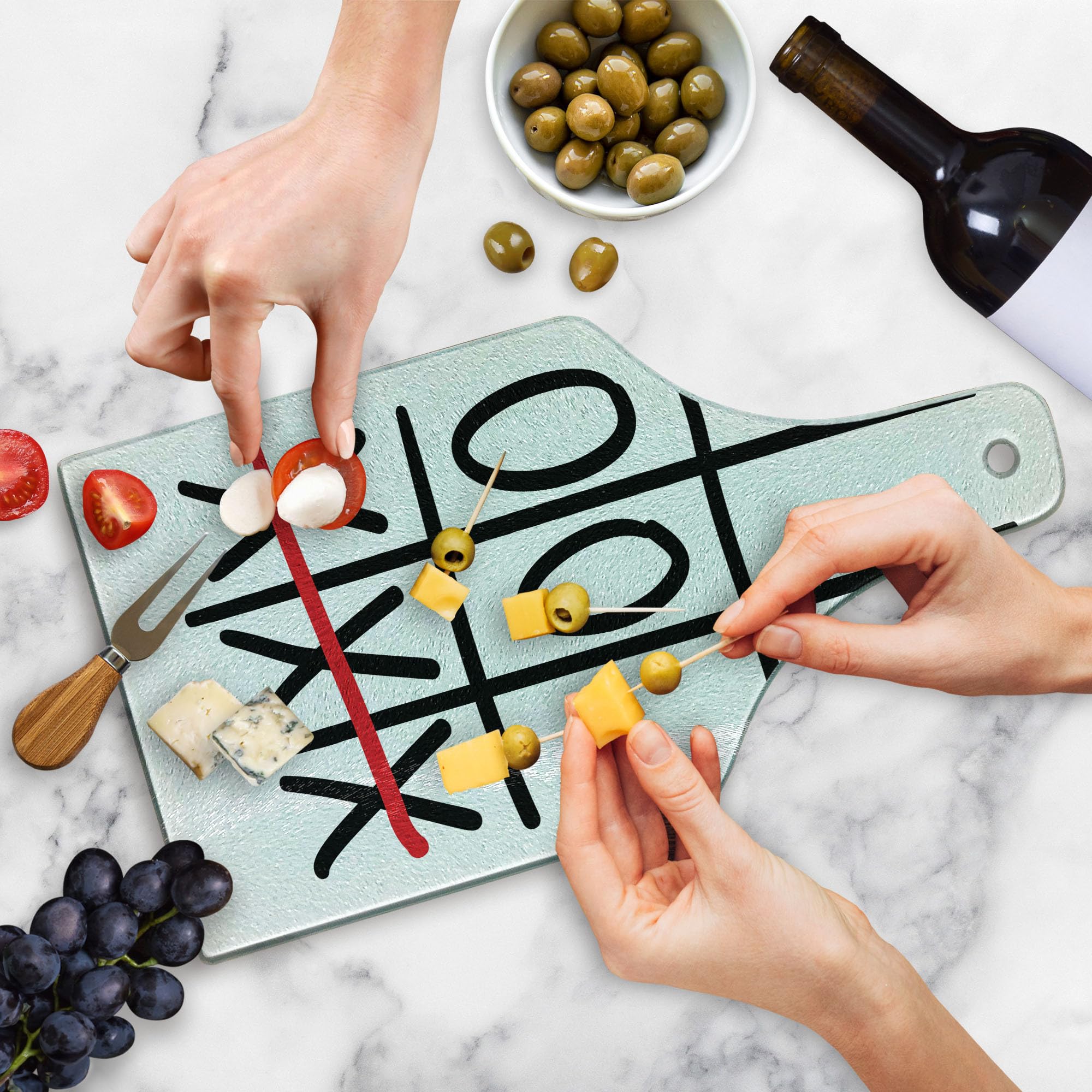 Ambesonne Xo Cutting Board - Hand Drawn Game Pattern Design, Tempered Glass Serving Board for Kitchen & Entertaining, Wine Bottle Shape in Vermilion Black White - Perfect for Charcuterie, Cheese Platters & Party Appetizers