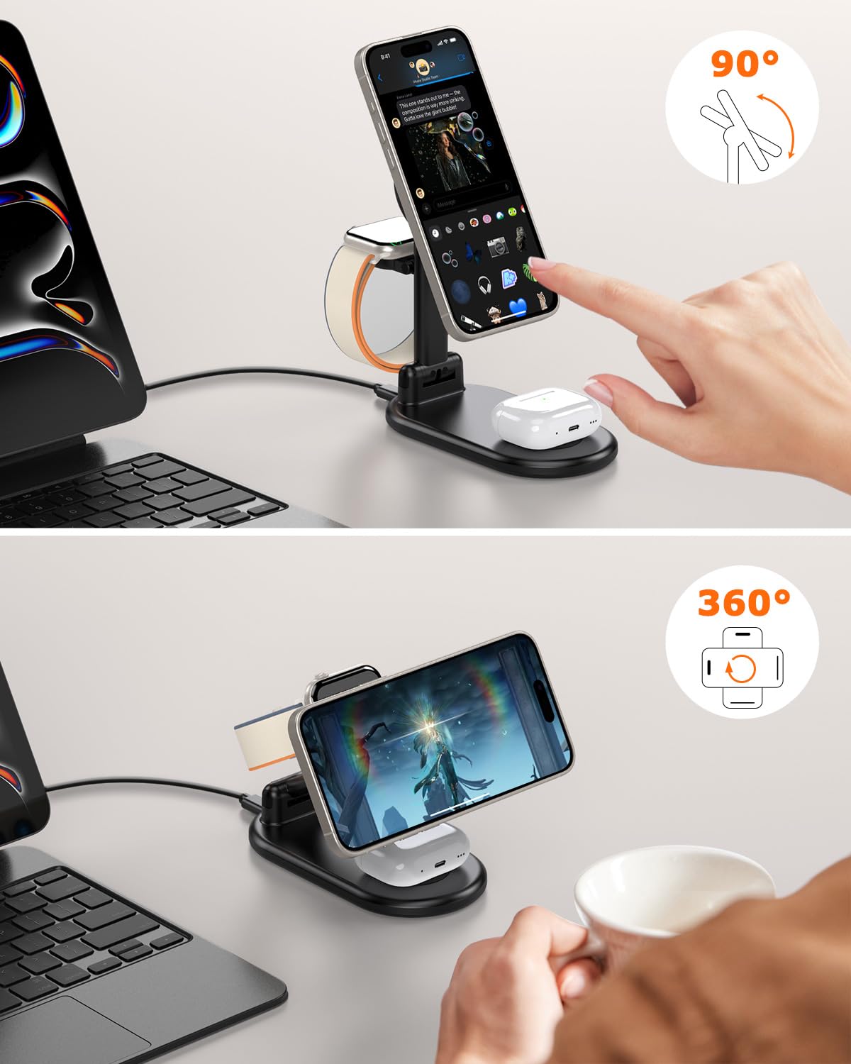 3-in-1 Magnetic Wireless Charging Station with MagSafe - 15W Fast Foldable Charger for iPhone 16/15/14/13/12, Apple Watch & AirPods - Portable Travel Charger for Home, Office & Car (Black)