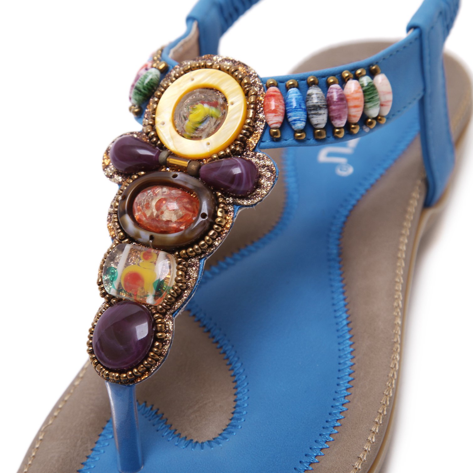 Stylish Summer T-Strap Flat Sandals for Women - Open Toe Thong Sandals with Beaded Gemstone Decorations | Comfortable Beach Shoes for Vacation, Pool Party & Casual Outings