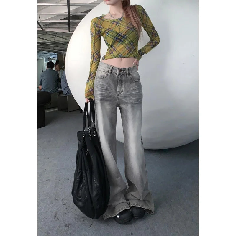 Women's High Waist Straight Leg Baggy Jeans - Grey Denim Pants for Women | Y2K Fashion Trend | American & Korean Style Wide Leg Trouser | Perfect for Casual Outfits, Streetwear & Retro Looks