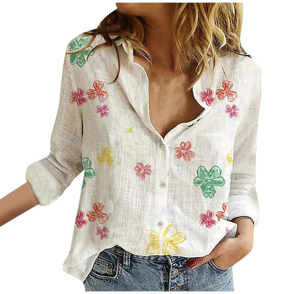 Women's Long Sleeve Button Down Shirt - Floral Printed V-Neck Casual Blouse for Work & Everyday Wear | Roll-Up Sleeve Design, Trendy Tops for Office, Date Night & Spring Outfits