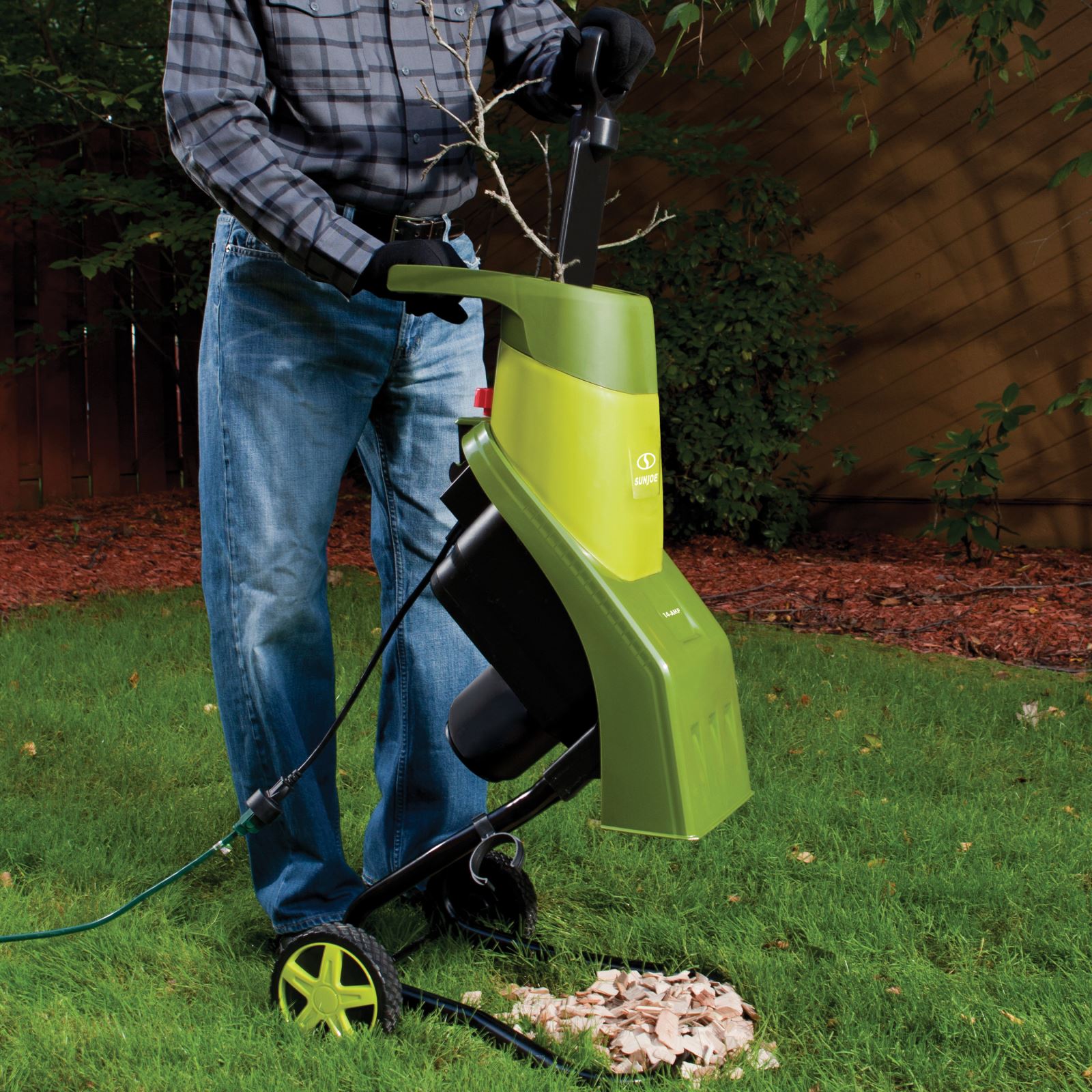 Sun Joe CJ601E 14 Amp Electric Wood Chipper Shredder – 16:1 Reduction Ratio, 1.5 Inch Max Branch Capacity – Perfect for Yard Waste Cleanup & Landscaping Projects