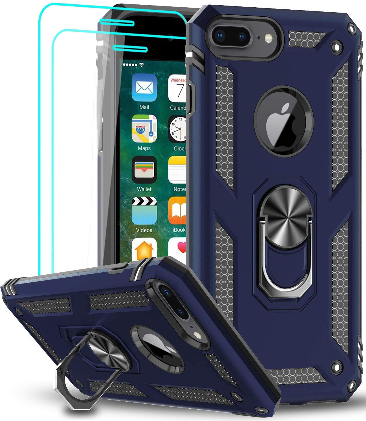 LeYi Shockproof Military-Grade iPhone 8 Plus/7 Plus/6s Plus/6 Plus Case with Tempered Glass Screen Protector [2 Pack] & Ring Kickstand - Blue | Perfect for Outdoor Activities, Travel & Daily Protection