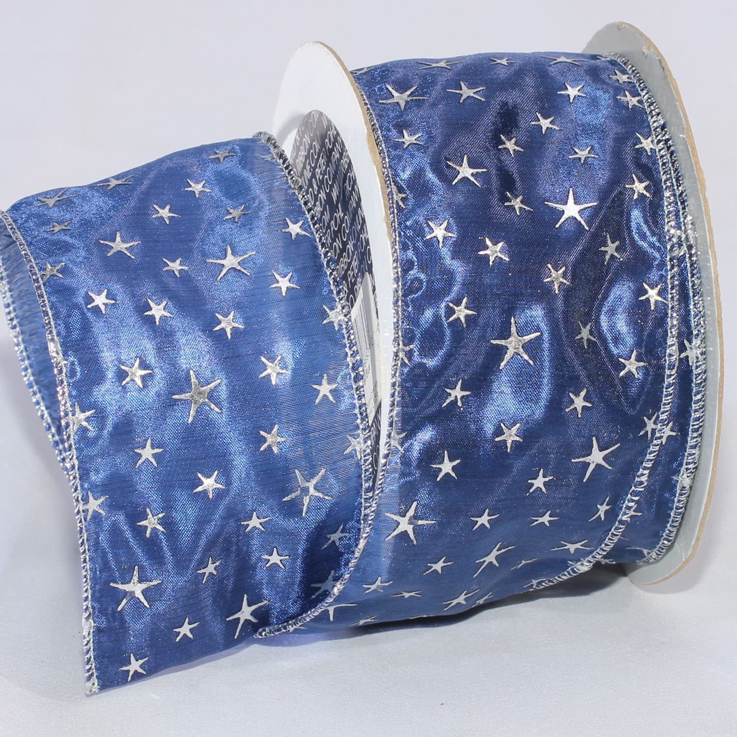 The Ribbon People Silver and Blue Stars Plump Edge Wired Craft Ribbon - 2.5