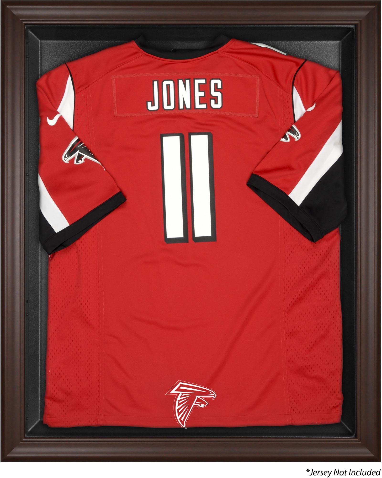 Atlanta Falcons Framed Jersey Display Case - Brown Wooden Football Jersey Shadow Box for Wall Mounting - Perfect for Sports Memorabilia, Man Cave, and Game Room Decor
