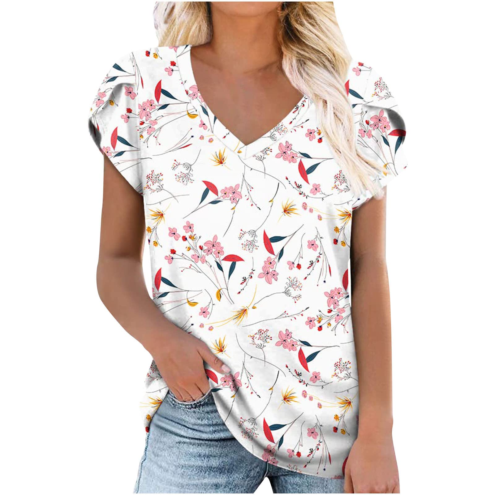 Women's Petal Sleeve V-Neck Short Sleeve Blouse - Sexy Striped Print Tunic Top for Summer 2022 | Casual Wear, Date Night & Office Outfits