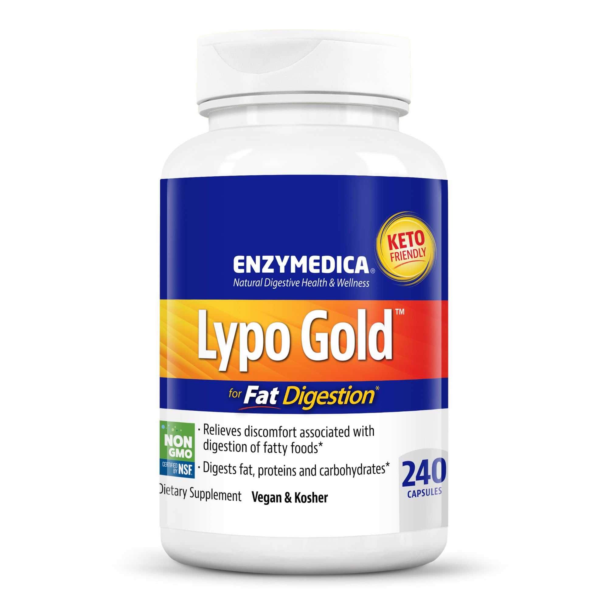 Enzymedica Lypo Gold Digestive Enzymes - 240 Capsules for Fat & Protein Digestion Support | Ideal for Meals with High Fat Content