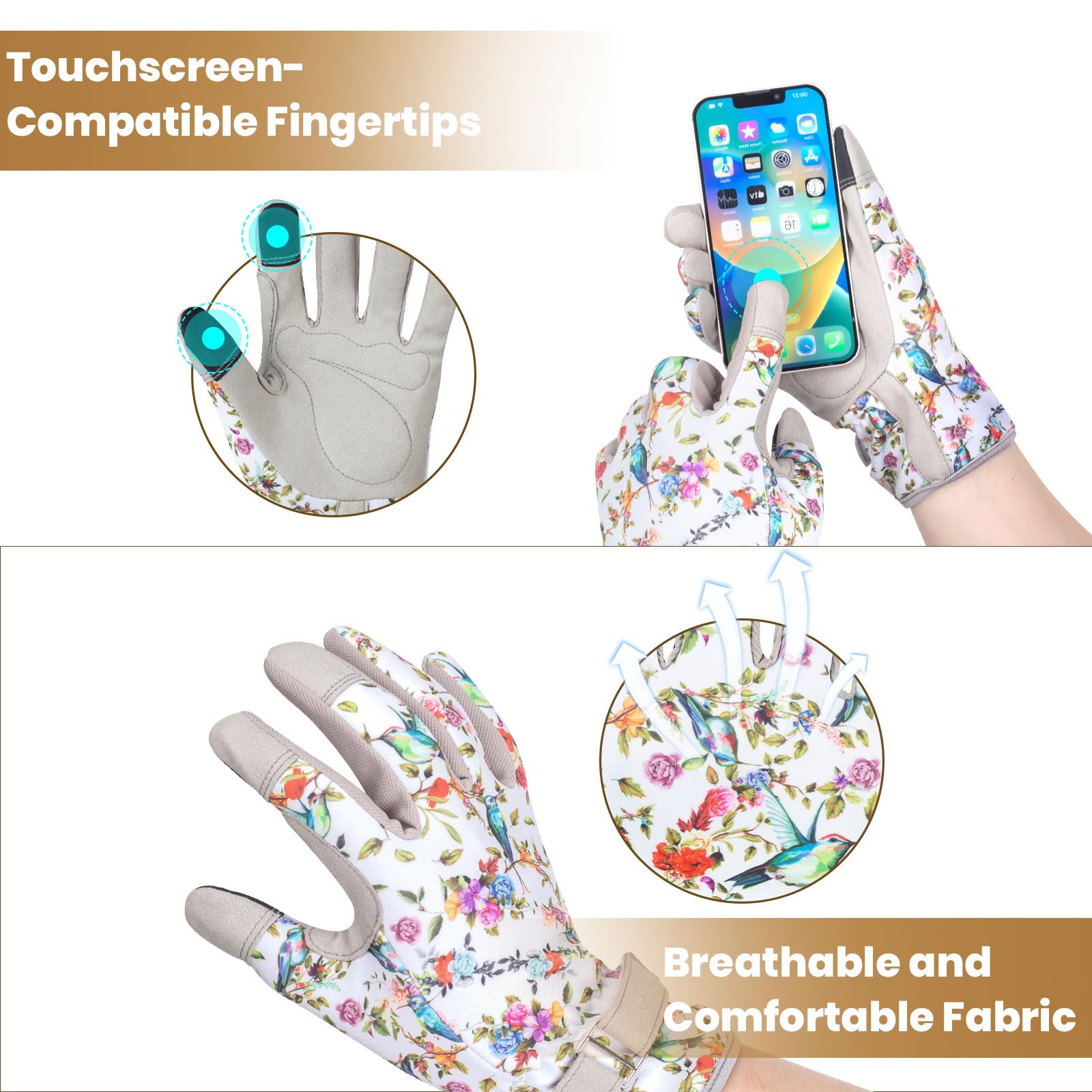 Velway Women's Gardening Gloves - Breathable & Flexible Work Gloves for Weeding, Planting, Pruning - Lightweight Touchscreen Protective Gloves (Beige, Medium) - Perfect for Outdoor Gardening, Landscaping & Farm Work