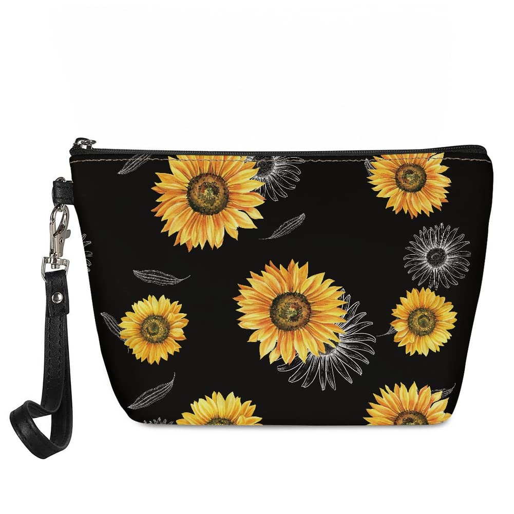 JooMeryer PU Leather Makeup Bag for Women - Travel Toiletry Organizer with Zipper, Sunflower Design for Outdoor & Daily Use