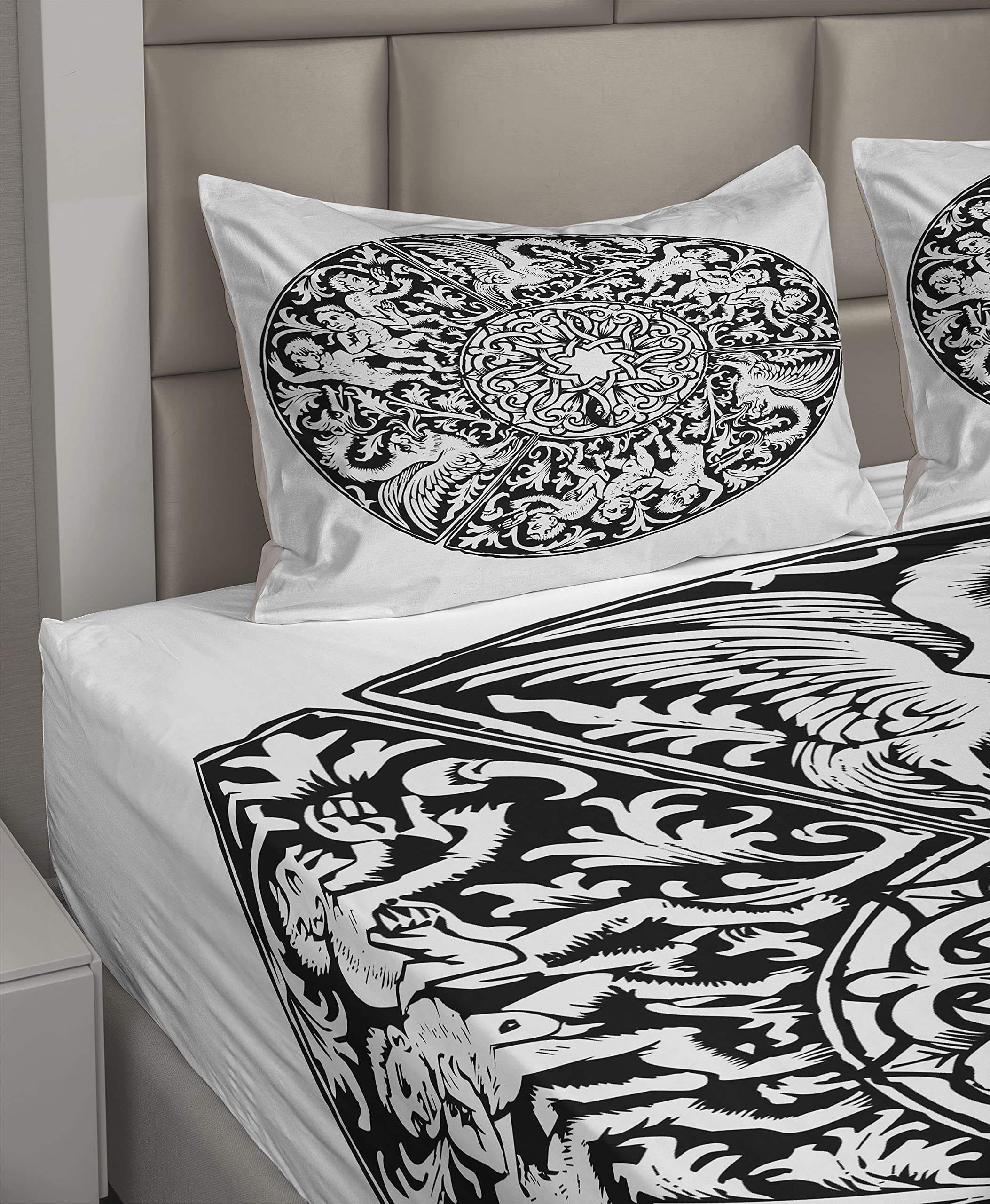 Gothic Bedding Set 4-Piece King Size - Renaissance Victorian Medieval Art Design, Black & White Fitted & Flat Sheets with Pillowcases | Perfect for Gothic Home Decor, Themed Bedrooms & Historical Reenactments
