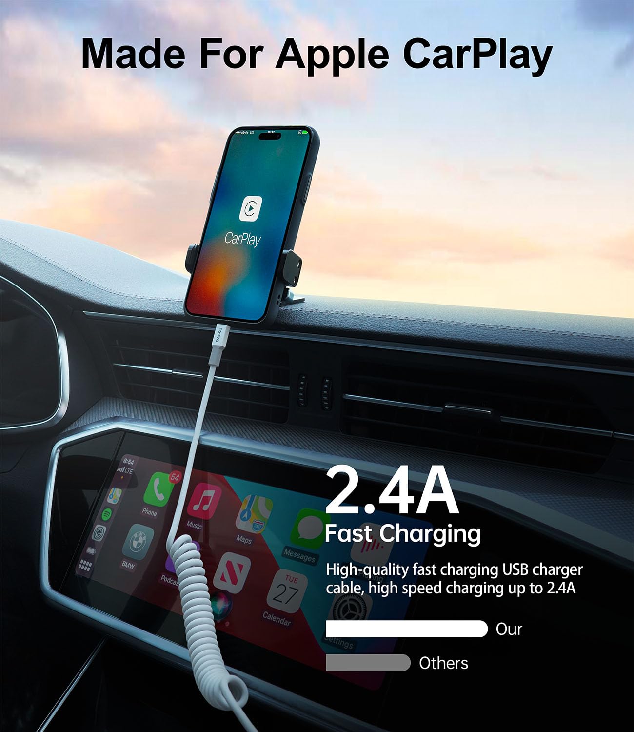 2 Pack Apple MFi Certified Lightning Cable for Car - 3FT Coiled iPhone Charger Cord, USB to Lightning Cable Compatible with iPhone 14/13/12/11 Pro Max/XS MAX/XR/8/7/Plus/SE - Perfect for CarPlay & On-the-Go Charging (Grey)