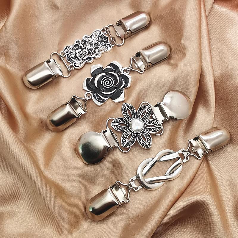 Vintage Sweater Shawl Clips - 4 Piece Set Retro Cardigan Collar Clips for Women & Girls - Dress Shirt Brooch Clips in 4 Stylish Designs - Perfect for Sweaters, Dresses & Blouses