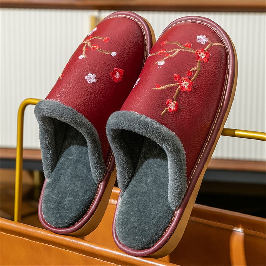 **Warm Fleece-Lined Leather Slippers for Men & Women – Non-Slip Indoor House Shoes for Winter & Fall – Cozy Home & Lounge Wear (Red, Size 35/36) – Perfect for Relaxing at Home, Lounging, and Keeping Feet Warm in Cold Weather**