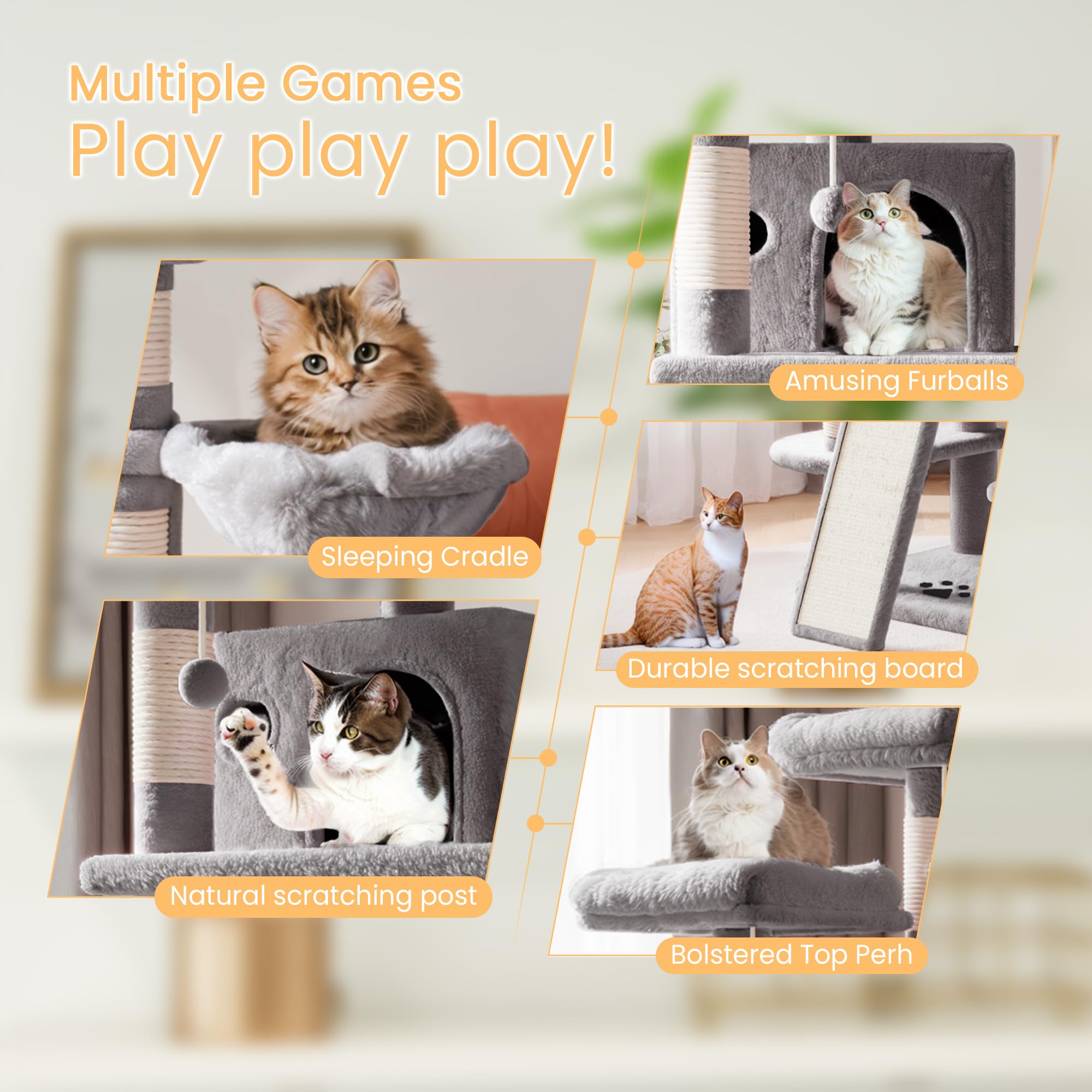 SHA CERLIN 68 Inches Multi-Level Large Cat Tree for Big Cats - Sturdy Cat Tower with Condo, Plush Perches, Sisal Scratching Posts & Hammocks - Grey - Perfect for Indoor Play, Climbing & Scratching Needs